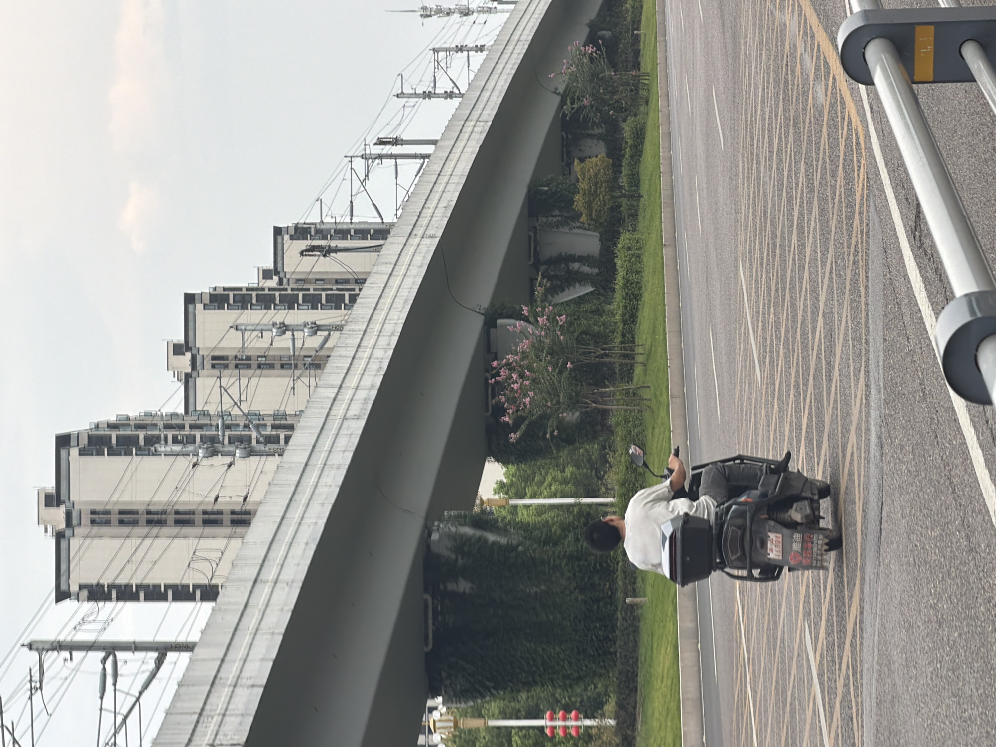 A person rides a dark-colored electric scooter down a multi-lane asphalt road in Jiangjin, China. The scooter has a black storage box mounted on the rear. The rider wears a light-colored t-shirt and dark pants. The road features yellow grid markings and white lane dividers. In the background, a modern elevated overpass, likely for a train or highway, stretches across the frame. Its concrete structure is supported by columns covered in green ivy. Beyond the overpass, a row of identical, tall, light-colored apartment buildings with dark-trimmed windows are visible against an overcast sky. Utility poles with numerous wires are present along the overpass. Green landscaping, including grass and trees, lines the side of the road and the base of the overpass. A traffic signal with red lights is visible on the left side of the image.