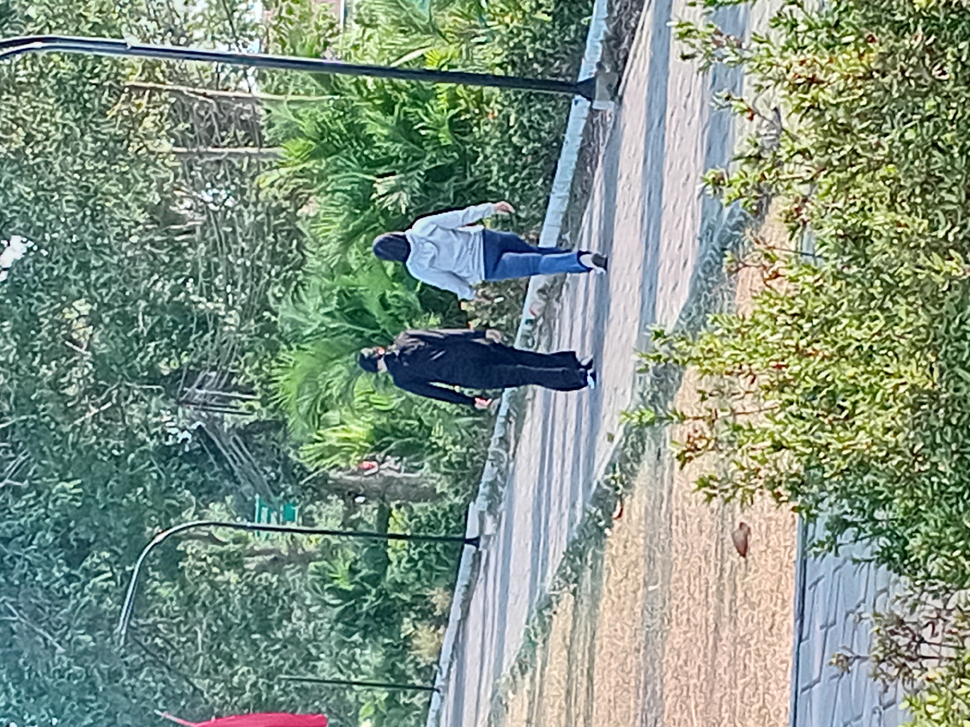 Two individuals are walking away from the camera on a paved pathway. The person on the left is wearing a black long-sleeved top and black pants. The person on the right is wearing a light gray hooded sweatshirt and blue jeans. They are walking past lush green foliage and trees. The pathway is bordered by a low concrete curb. In the background, there are streetlights and more trees. The ground on the left side of the pathway is covered in dry leaves. The scene appears to be an outdoor park or a well-maintained public space. The specific location in Gebog, Indonesia is not discernible from the image itself, as no identifying landmarks or signage are visible.