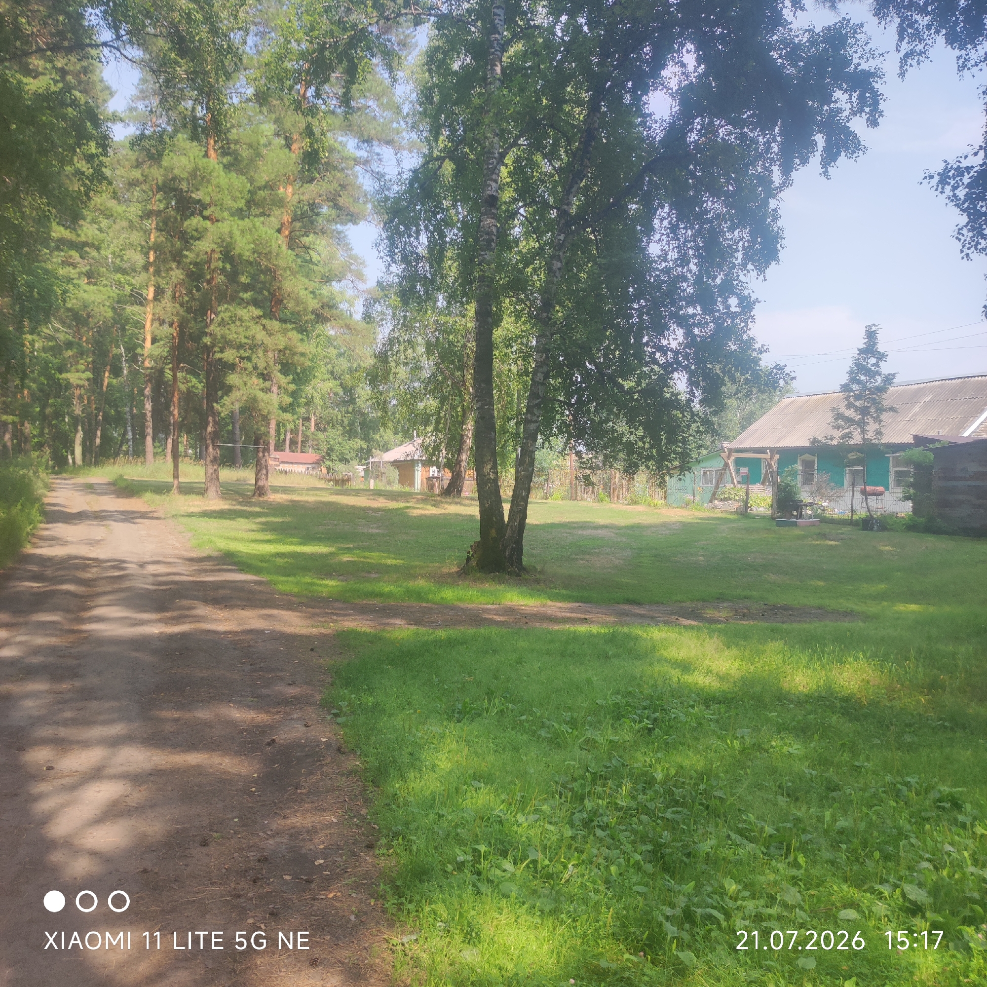 The image depicts a tranquil outdoor scene in the village of Bayunovskie Klyuchi, Russia. In the foreground, a dirt path curves to the left, bordered by lush green grass on the right. The path appears to be shaded by the dense canopy of trees that dominate the landscape.
Further into the scene, several buildings are visible. To the right, a light-colored, single-story house with a grey, corrugated roof stands prominently. The house has several windows and appears to be painted a light green color. Adjacent to it, a darker, possibly wooden structure is partially visible. Behind the house, a light brown, wooden fence can be seen, and further back, more trees and vegetation create a natural backdrop.
In the center of the image, a large birch tree with its distinctive white and black bark stands out against the background. The overall environment suggests a rural or semi-rural setting, likely a residential area within the village, characterized by natural greenery and modest housing. The sky above is a pale blue, indicating daytime. The image also includes a timestamp "21.07.2026 15:17" in the bottom right corner, and the text "XIAOMI 11 LITE 5G NE" with three circular dots in the bottom left, indicating it was taken with that device.