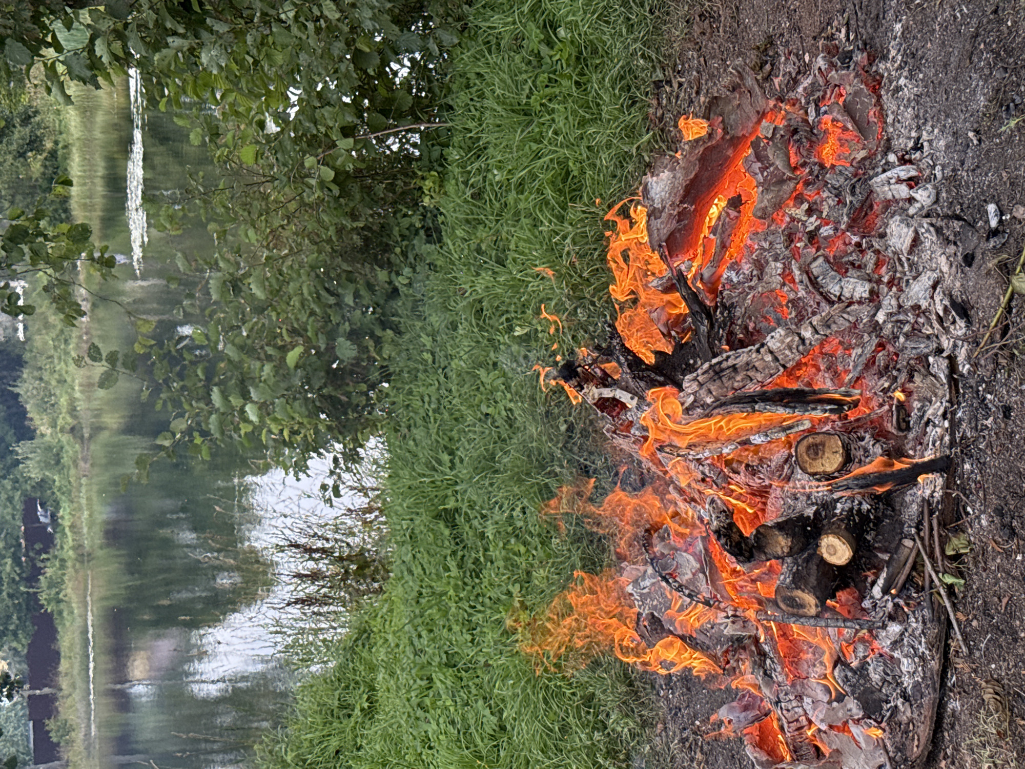 An outdoor scene depicts a campfire burning in the foreground, situated on dark soil with scattered dry leaves and twigs. The fire is substantial, with bright orange flames consuming logs and glowing embers beneath a layer of ash. Behind the campfire, a dense area of green grass slopes upwards. Beyond the grass, a body of water, likely a lake or pond, is visible. The water's surface reflects the surrounding trees and the sky, with a scattering of lily pads visible in the middle distance. Lush green trees and foliage line the far bank of the water, and a hint of a brown fence can be seen along the edge of the trees in the background. The overall impression is of a natural, tranquil setting. The location is identified as Irinovka, Russia.
