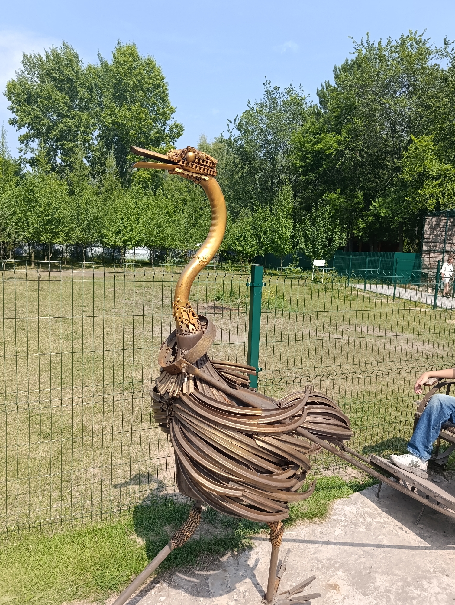 The image shows a large metal sculpture of an ostrich in an outdoor park setting. The sculpture is golden brown and appears to be made from recycled metal parts. It is positioned on a concrete surface, with a wire fence and a grassy area behind it. In the background, there are trees and a clear blue sky. To the right of the sculpture, a person is sitting on a wooden bench, wearing blue jeans and white sneakers. The location is identified as the Barnaul Zoo in Barnaul, Russia.