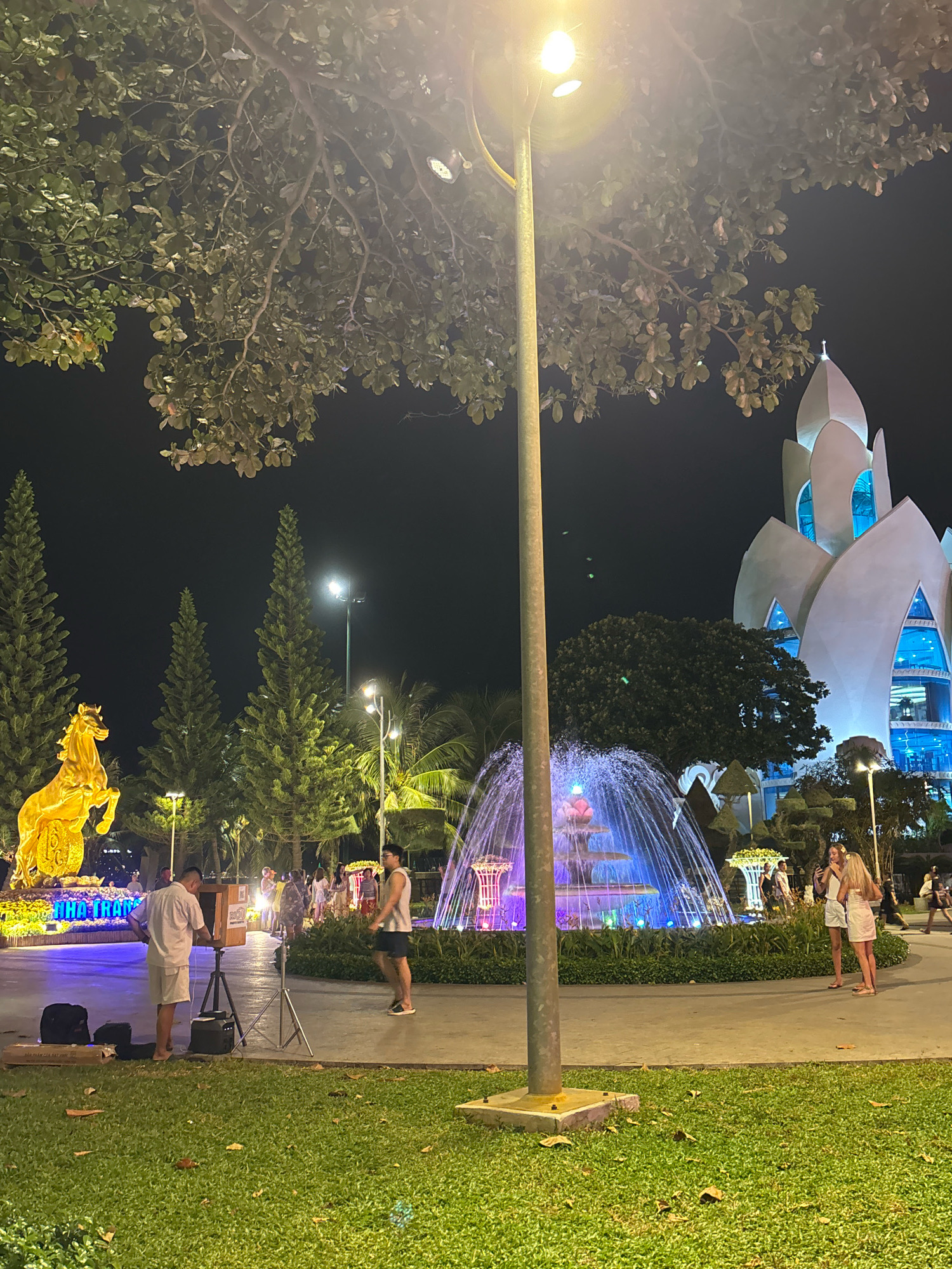 The image shows a nighttime scene in Nha Trang, Vietnam, likely at a park or public square. In the foreground, a lush green lawn with scattered leaves is visible. A tall lamppost with a bright light stands prominently in the center.
To the left, a golden statue of a horse is illuminated, with what appears to be decorative lighting and floral arrangements around its base. Several tall, conical pine trees are positioned behind the horse statue.
A fountain with colorful, illuminated water displays is located in the mid-ground. Behind the fountain, a large, white, lotus-shaped building with blue-lit windows is visible.
Several people are present in the scene. In the mid-ground, a man is standing near a wooden booth with a camera setup on a tripod, possibly a photographer or artist. Further to the right, two women in white dresses are standing and conversing. Other individuals are seen in the background, suggesting a public gathering. The overall ambiance is festive and illuminated for evening enjoyment.