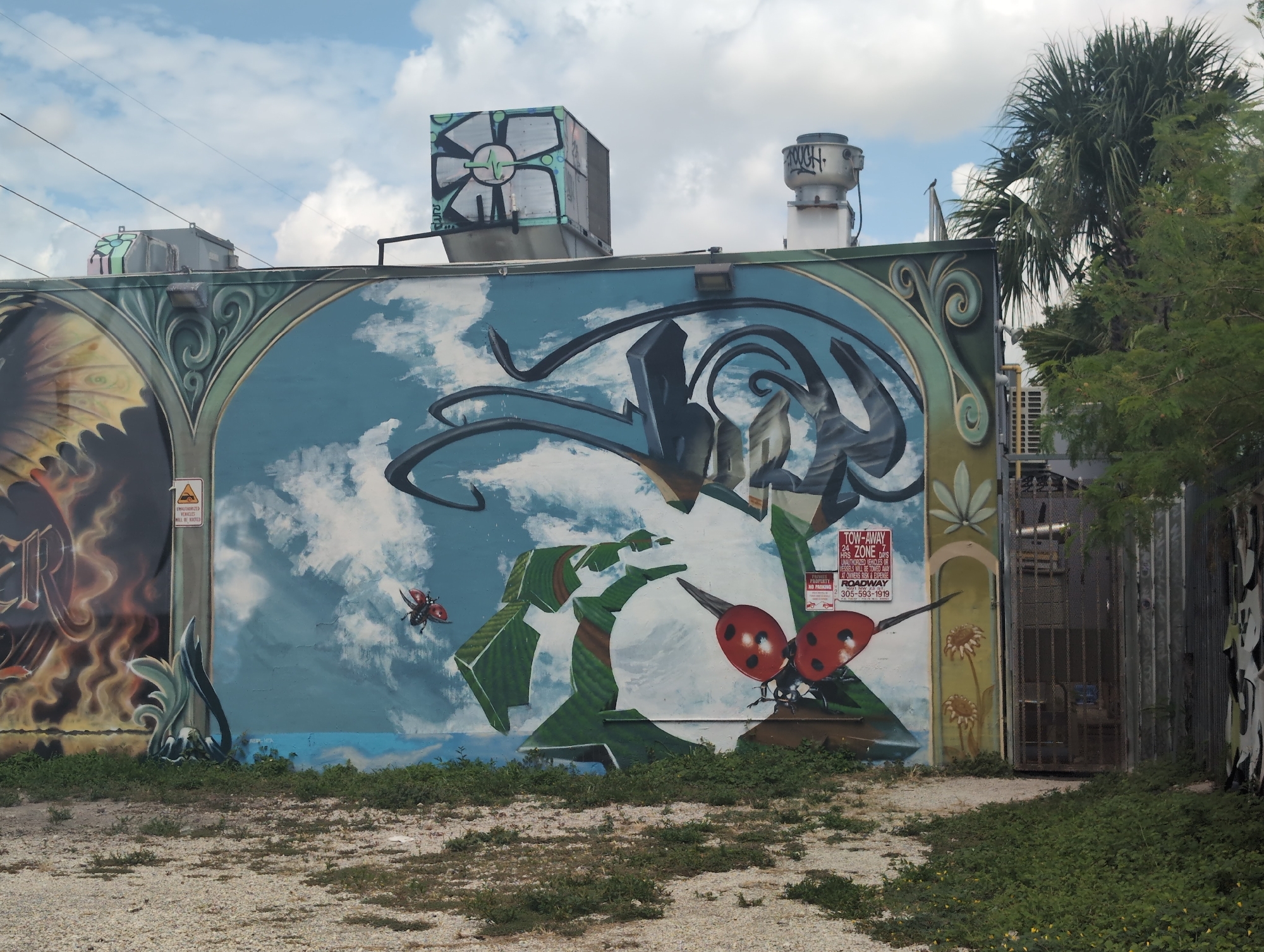 The photograph captures a section of a vibrant mural painted on the side of a building. The mural depicts a surreal scene with a bright blue sky filled with white clouds. In the foreground of the mural, two large ladybugs with red shells and black spots are prominently featured. To the left of the ladybugs, a smaller ladybug appears to be flying. The ladybugs are positioned near a green, abstract, plant-like structure. Abstract, black, ribbon-like shapes dominate the upper portion of the mural, twisting and curling across the sky. On the far left of the mural, a section with flames and a stylized "R" is visible, suggesting another part of the artwork. The mural is framed by arched decorative elements in green and blue.
On the rooftop of the building, there are several mechanical structures. One is a rectangular metal unit with graffiti, and another is a cylindrical ventilation unit with graffiti that reads "NOUGH." A palm tree and other greenery are visible to the right of the building. The ground in front of the mural is covered in gravel and sparse vegetation.
Two "TOW-AWAY ZONE" signs are attached to the wall of the building. One sign indicates "24 HRS ZONE" and mentions "UNAUTHORIZED VEHICLES WILL BE REMOVED AT OWNER'S EXPENSE." Below this, the number "305-593-1919" is displayed, likely a tow service phone number.
The overall impression is that of an urban outdoor space decorated with large-scale street art. The presence of the signs and the industrial-looking rooftop elements suggest an industrial or commercial area. The style of the graffiti and the mural points towards a location in Miami known for its street art culture.