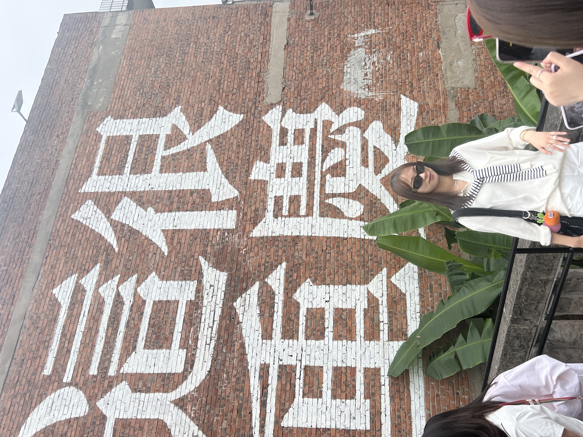 A tall, brick wall, possibly the exterior of a building, is the dominant feature. The wall is painted with large, white calligraphy. A person wearing sunglasses, a white shirt, and white pants stands in front of the wall. Part of another person can be seen in the bottom of the image. Tropical-looking green leaves partially obscure the text on the wall. Hands holding a phone are visible at the top of the image. The location is Nan'an District, China.