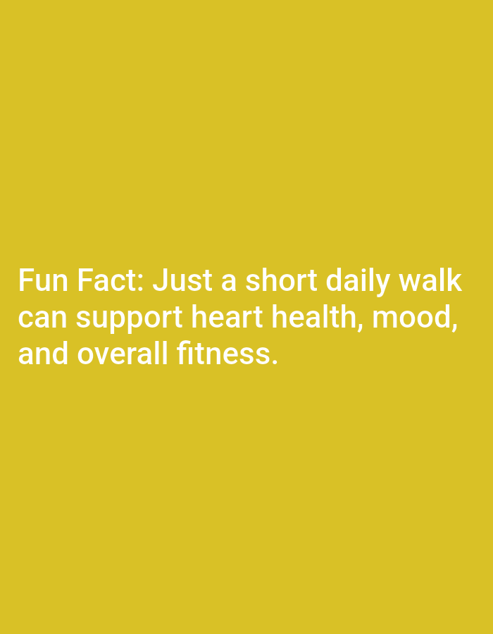 The image contains a yellow background with white text that reads "Fun Fact: Just a short daily walk can support heart health, mood, and overall fitness." There are no people, subjects, objects, actions, interactions, or environmental elements depicted in the image that would allow for a description of the city of Lagos, Nigeria.