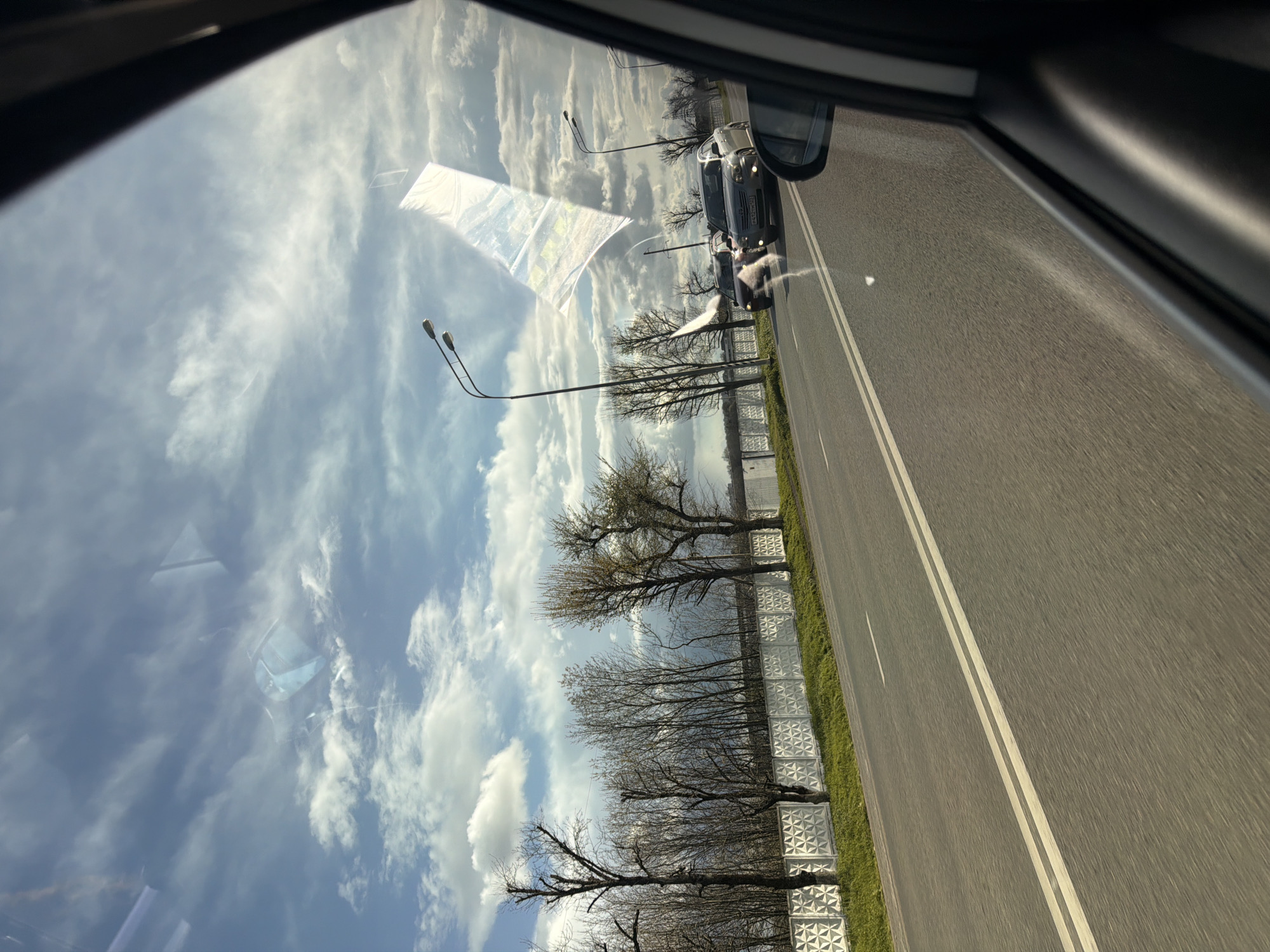 A car traveling along a road is viewed from inside another vehicle, possibly Lazurny, Russia, judging by the Cyrillic characters on a piece of paper reflected in the window. The view includes a road with white dividing lines, a concrete wall with a grassy strip alongside it, and a row of bare trees. Streetlights are also visible, and another car is traveling in the same direction. The sky above is filled with clouds. The shot is taken from inside the vehicle, with parts of the car's interior visible around the edges of the frame.
