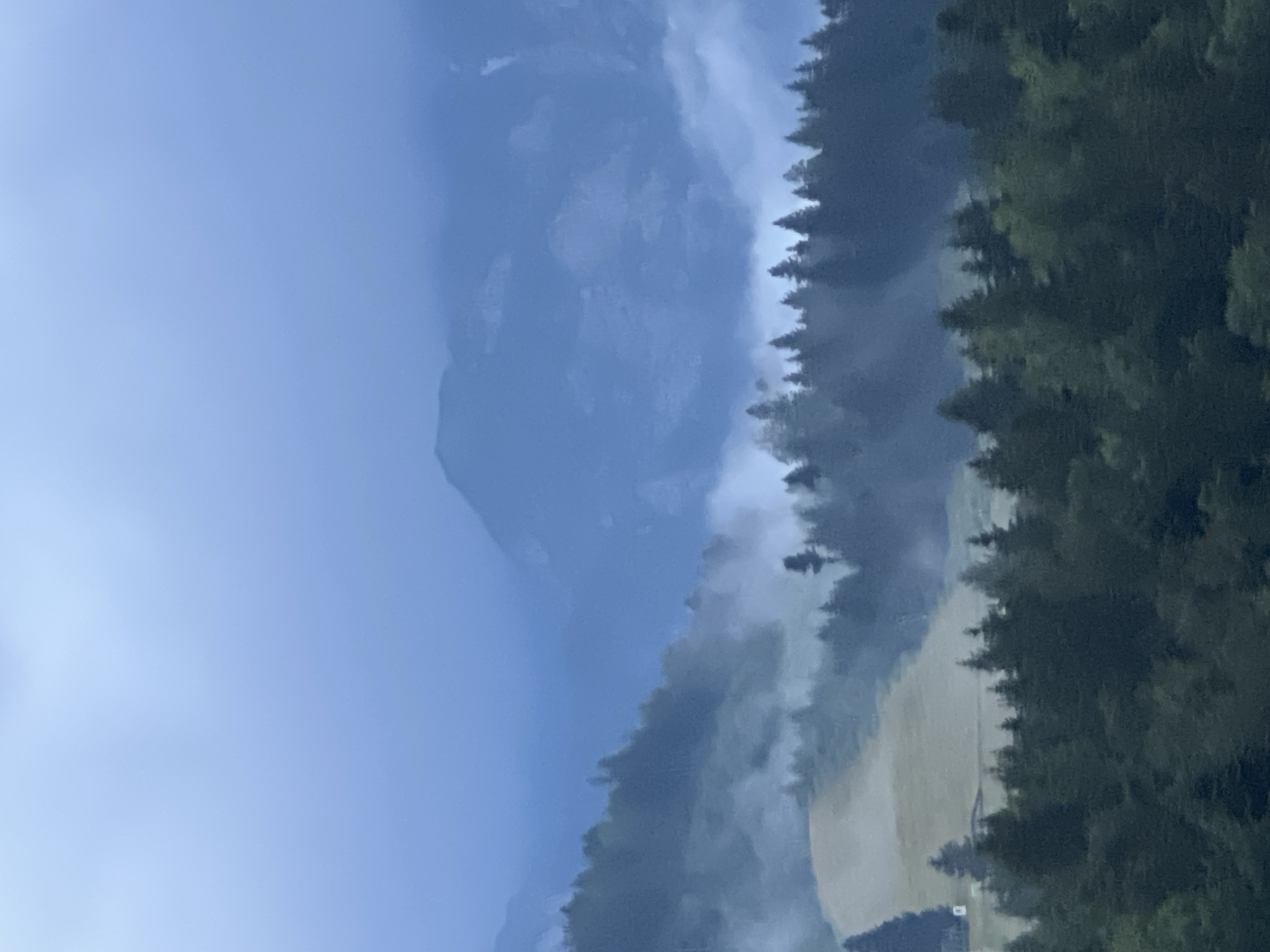The image depicts a misty mountain landscape with a dense forest in the foreground. The mountain is shrouded in fog, making it difficult to discern its full form, but it appears to be a large, imposing peak. The forest is composed of tall evergreen trees, their dark green needles creating a textured silhouette against the muted, foggy backdrop.
A lighter patch of land, possibly a meadow or a clearing, is visible nestled within the trees and fog in the mid-ground. The overall atmosphere is serene and somewhat mysterious, with the mist obscuring details and creating a sense of depth. The lighting suggests it could be early morning or late evening, as the light is soft and diffused. The weather is clearly overcast and damp due to the pervasive fog. There are no visible people or man-made objects that are clearly identifiable, though a few faint white markers or signs are discernible on the lighter patch of land. The scene evokes a feeling of tranquility and the raw beauty of nature in a remote or mountainous region.