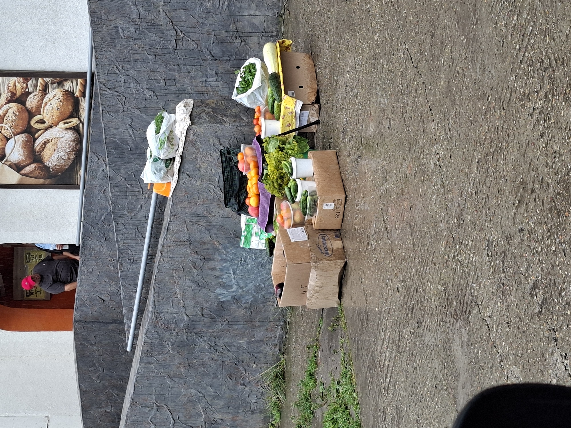 A street vendor is selling produce in Barnaul, Russia. The vendor is positioned in front of a textured gray wall, with a ramp leading up to a building entrance on the left. The ground is wet, indicating recent rain. Produce, including tomatoes, cucumbers, eggplants, and a long squash, is displayed on cardboard boxes and a yellow cloth. Several white buckets and plastic containers are also visible, filled with smaller vegetables like cherry tomatoes and cucumbers. Two plastic bags, one containing green produce, are placed on a shelf above some of the produce. In the background, a poster of bread is displayed on the white wall of the building. A man wearing a red cap and a dark shirt is visible entering the building. The overall scene depicts a temporary outdoor market stall on a damp day.