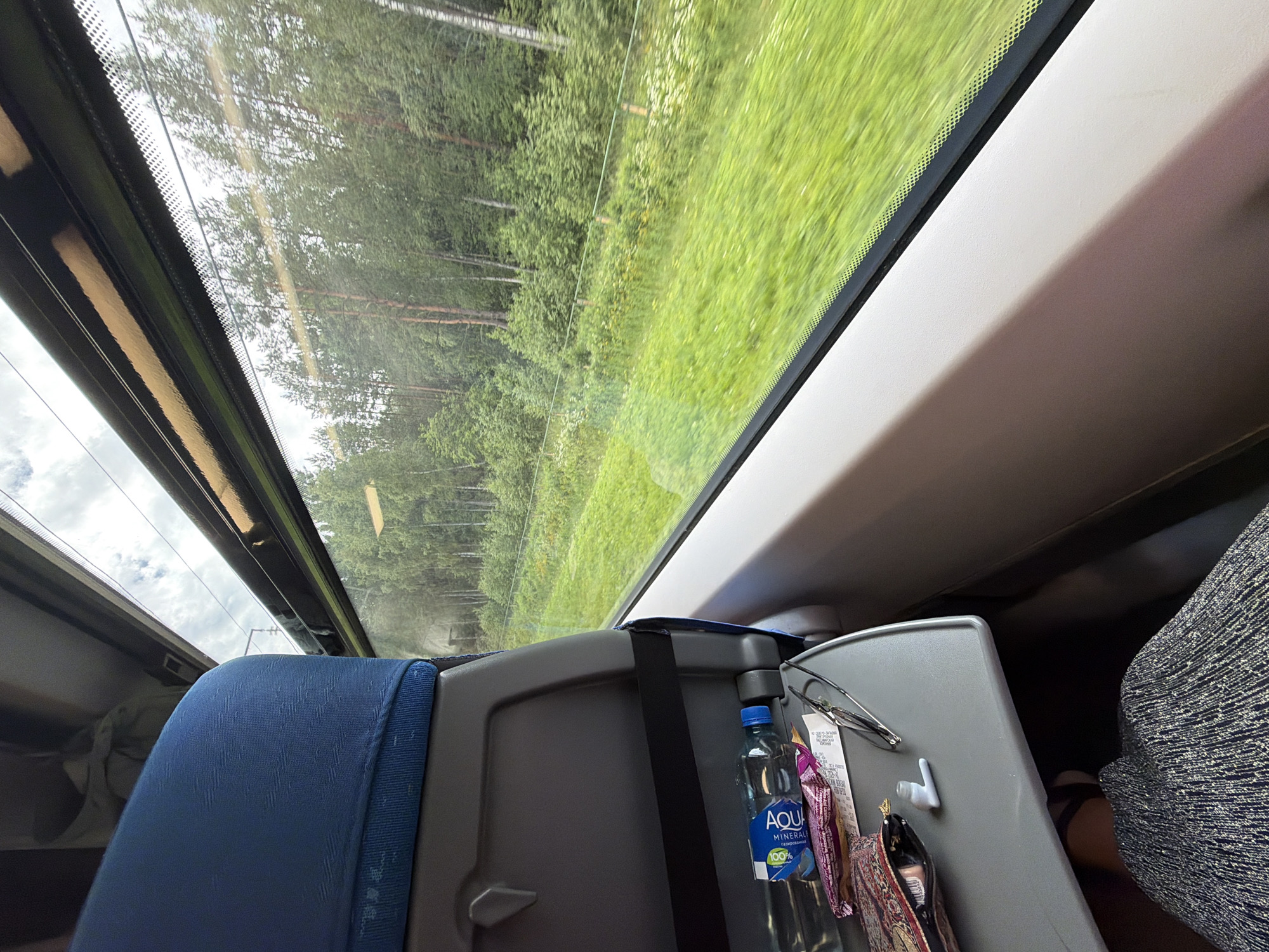 The image shows the interior of a train carriage looking out of a window. A blue fabric-covered seat is visible in the foreground on the left. A gray tray table is folded down, holding a bottle of Aqua mineral water, a package of what appears to be snacks, a small pouch with a decorative pattern, a small white object, and a pair of eyeglasses. The window shows a landscape of green grass and trees, suggesting a rural or suburban environment. The train appears to be in motion, indicated by the blur of the landscape. The location is identified as Ушаки, Russia.