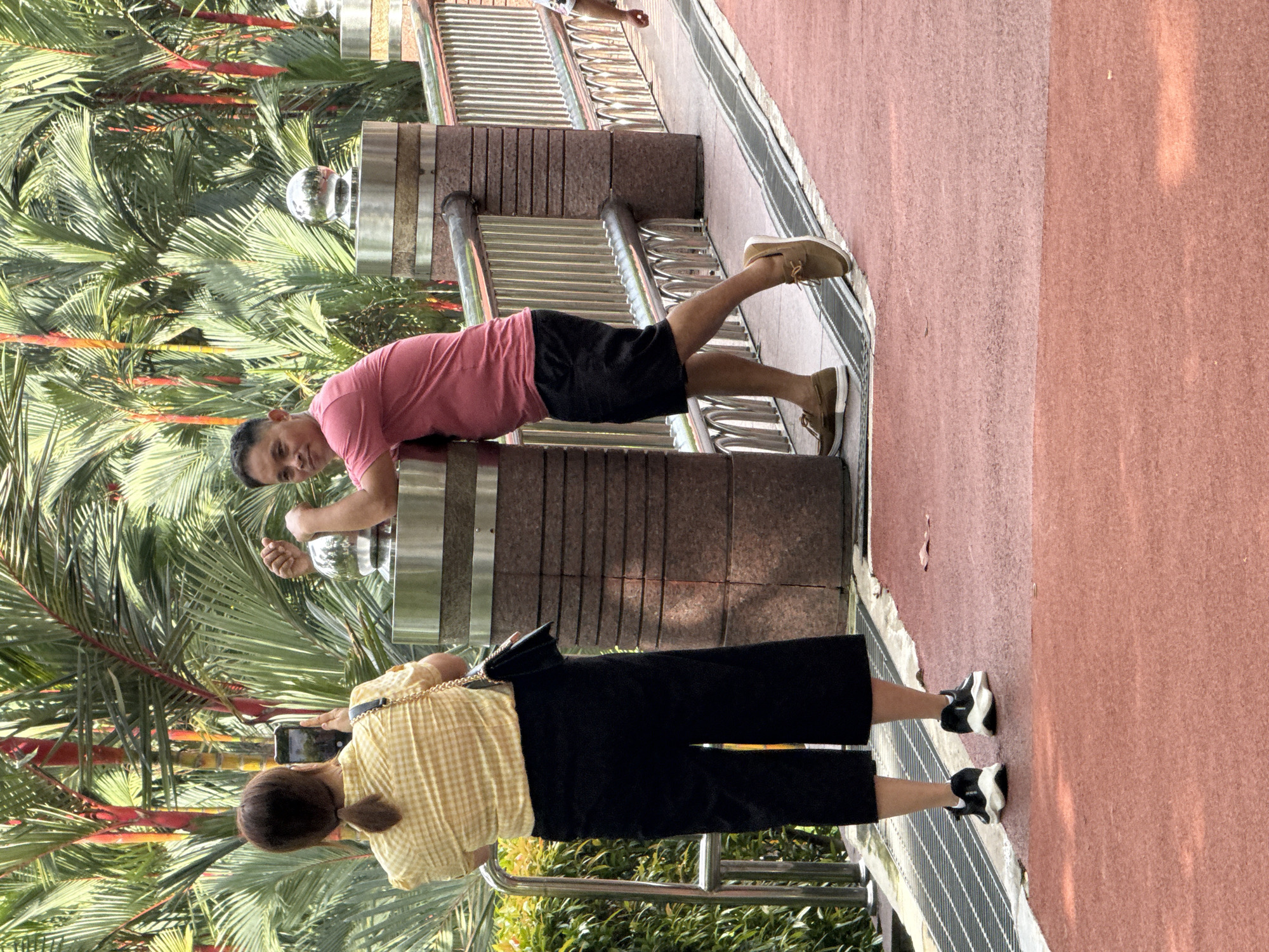 The media file captures an outdoor scene in Kuala Lumpur, Malaysia, featuring two individuals on a paved walkway beside a lush tropical landscape. The image appears to be rotated sideways.
In the center-left, a man with light skin, wearing a pink short-sleeved t-shirt, black shorts, and tan loafers, is leaning against a sturdy railing. He looks towards the viewer with a slight smile, his left arm bent and resting on the railing, while his right hand also holds onto it.
In the foreground to the right, a woman with light skin is seen from behind. She is dressed in a yellow and white plaid short-sleeved top and black wide-leg pants. She holds a black smartphone in her right hand, appearing to be taking a photo or video. She wears black and white sneakers and has a small black purse with a chain strap over her shoulder; her hair is tied back in a ponytail.
The setting includes a reddish-brown paved pathway in the foreground and on the right, bordered by metal grates. The railing, made of rectangular stone blocks and polished metal bars, spans horizontally across the mid-ground, separating the pathway from the background. A decorative clear sphere adorns one of the railing posts. Behind the railing is a dense array of tall palm trees with vibrant green fronds and distinctive reddish-orange stems.
The scene is brightly lit by natural daylight, suggesting a sunny day. There is no visible text in the image. The overall impression is of a casual outdoor moment, possibly sightseeing or leisure.