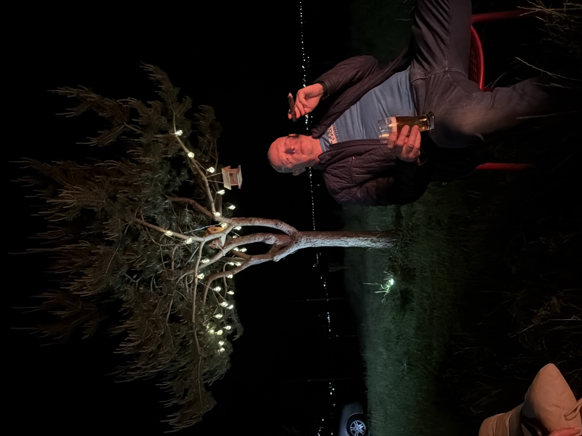 A nighttime scene depicts an adult male seated outdoors in Цигов чарк, Bulgaria. The subject, a balding man in a dark quilted jacket, light blue t-shirt, and dark jeans, sits on a red stool in the lower right. He holds a glass of amber liquid in his left hand and a lit cigar in his right, near his mouth. His face and upper body are illuminated by a reddish-orange light source, likely a campfire, originating from off-frame to his left.
A prominent tree, possibly a pine, stands centrally, its branches adorned with numerous spherical, warm-toned fairy lights. A small wooden birdhouse hangs from one of its branches. To the far left, the front wheel and fender of a silver car are visible parked on the grass. The ground is covered in dark grass, with a small, localized bright green glow near the tree's base. A horizontal line of blurred, distant yellow and white lights stretches across the dark horizon, indicating a remote settlement or infrastructure. The sky above is dark and featureless.