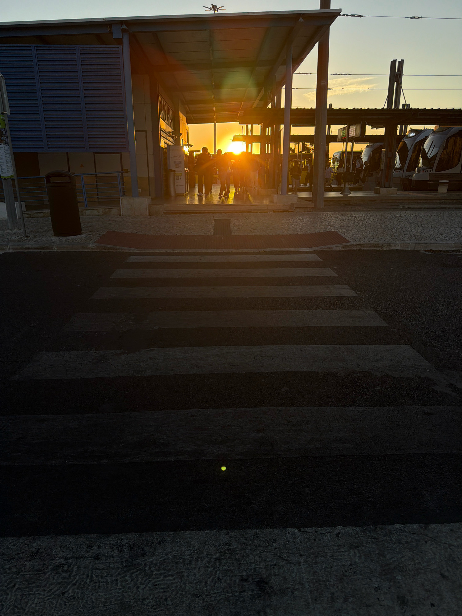 The image depicts a sunset scene at a tram station in Almada, Portugal. The low angle of the sun creates a strong backlight, illuminating a group of people standing under the station's canopy. The sun is a bright, blown-out disc near the horizon, casting long shadows and lens flares across the scene. The architecture of the station, with its blue louvered facade and open roof structure, is visible. In the foreground, a pedestrian crossing with white stripes is marked on dark asphalt. In the distance, trams are parked at the station. A small, green object, possibly a piece of litter or a fallen leaf, is visible on the asphalt in the lower center of the frame. The overall atmosphere is one of transition, with people waiting for transportation at the end of the day.