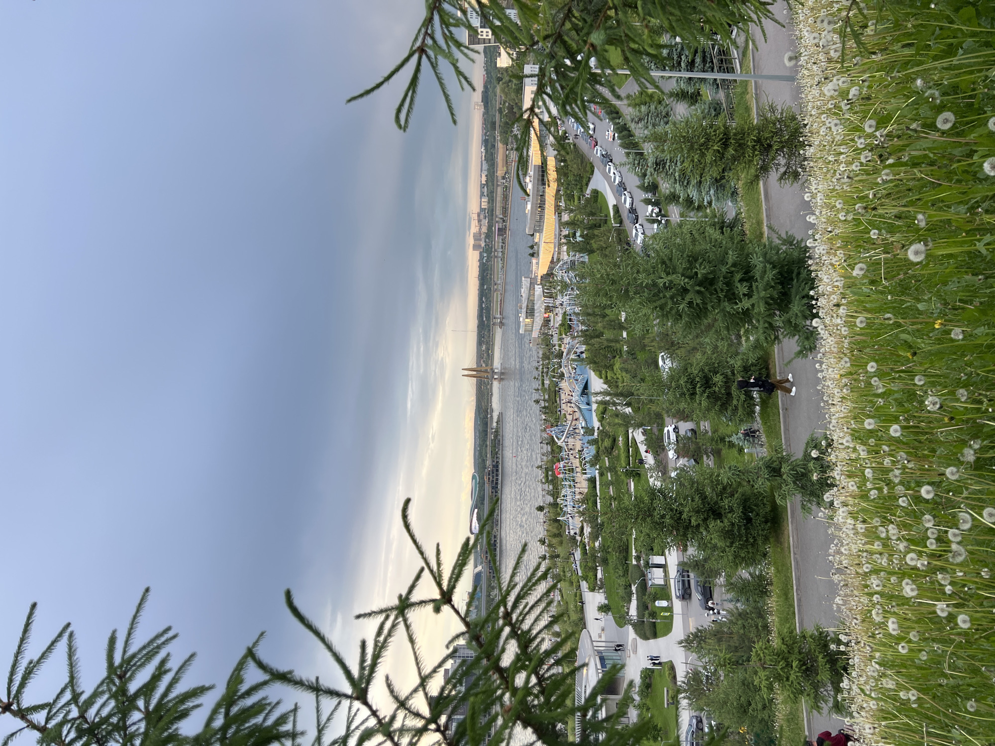 The image presents a high-angle view of Kazan, Russia. A body of water, possibly the Volga River or the Kazanka River, stretches towards the horizon, with a sailboat visible on its surface. A large bridge spans the waterway in the distance. Along the riverbank, there is a park or recreational area with trees, walkways, and possibly playground equipment. To the right of the park, there is a road with several vehicles parked along it. In the foreground, there are dandelions and tree branches. The sky is overcast with varying shades of grey and light.
