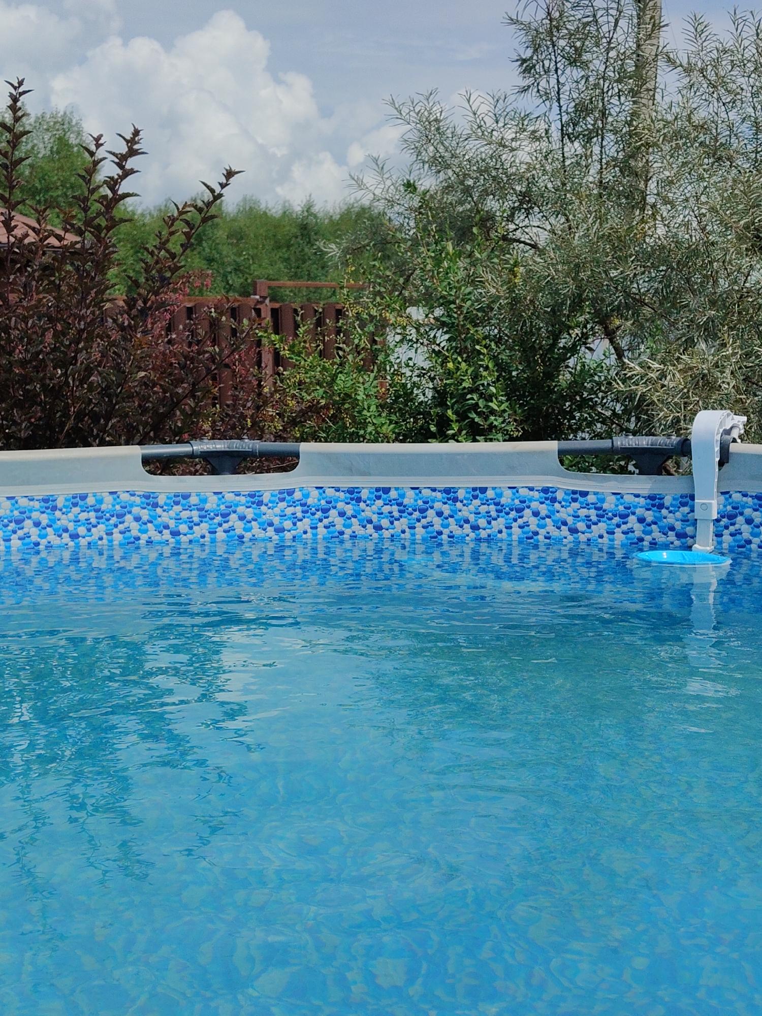 A close-up, slightly above the waterline view of a rectangular above-ground swimming pool. The pool is filled with clear blue water, and the bottom liner features a mosaic pattern of blue and white irregular shapes. A skimmer device, white with a gray hose, is attached to the side of the pool, with a blue circular attachment floating in the water below it. In the background, out of focus, are lush green trees and foliage, a dark wooden fence, and a partly cloudy sky. The scene is set in an outdoor environment, likely a backyard in the city of Kamenka, Russia.