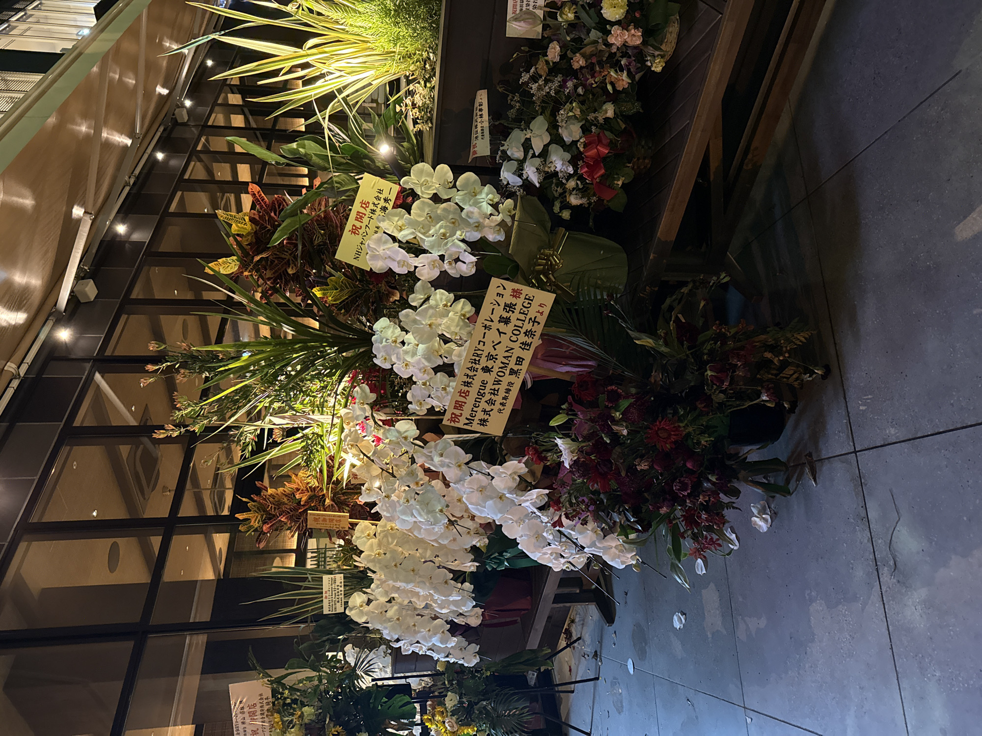 This is a horizontal, medium-shot, eye-level photograph of a storefront display of flower arrangements, likely for a grand opening, in the city of Chiba, Japan. The main subjects are several large, ornate floral displays, predominantly featuring white orchids and dark red flowers. In the background, a modern building with large windows and an awning is visible. The ground is a light-colored, tiled surface with some scattered flower petals.
To the left of the frame, a white sign with Japanese text reads "祝開店" (Shukaiten - Grand Opening) and lists corporate sponsors. Further to the left, a smaller arrangement with yellow flowers is partially visible. In the center, a prominent display of white orchids cascades downwards. To the right of the orchids, another yellow sign with Japanese text, "祝開店" (Shukaiten - Grand Opening), lists "NHジャパンフード株式会社" (NH Japan Food Co., Ltd.) and the name "佐藤 秀一" (Sato Shuichi).
Behind the main floral displays, there are tall, spiky green plants. To the right, other floral arrangements are visible, one in a woven basket with a red ribbon. Another sign with Japanese text, "祝開店" (Shukaiten - Grand Opening), is partially visible on the far right. The overall lighting suggests it is either dusk or evening, with artificial lights illuminating the scene from above and within the building. The environment appears to be an urban setting.
