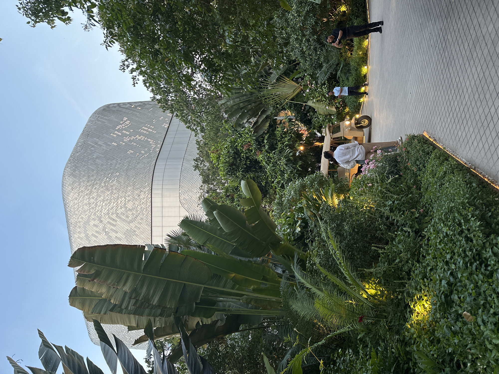 The image shows a view of the Rosewood Hotel in Bangkok, Thailand. The foreground is lush, with various green plants and illuminated shrubbery. A paved walkway runs alongside the greenery, where several individuals are present. One person is dressed in black and appears to be taking a photograph. A second individual is dressed in a white shirt and stands by what seems to be a decorated tuk-tuk-style vehicle, possibly part of the hotel’s offerings. The distinctive curved architecture of the Rosewood Hotel rises in the background, its textured facade reflecting the ambient light. The sky is visible above the hotel, suggesting an outdoor setting during daylight hours.