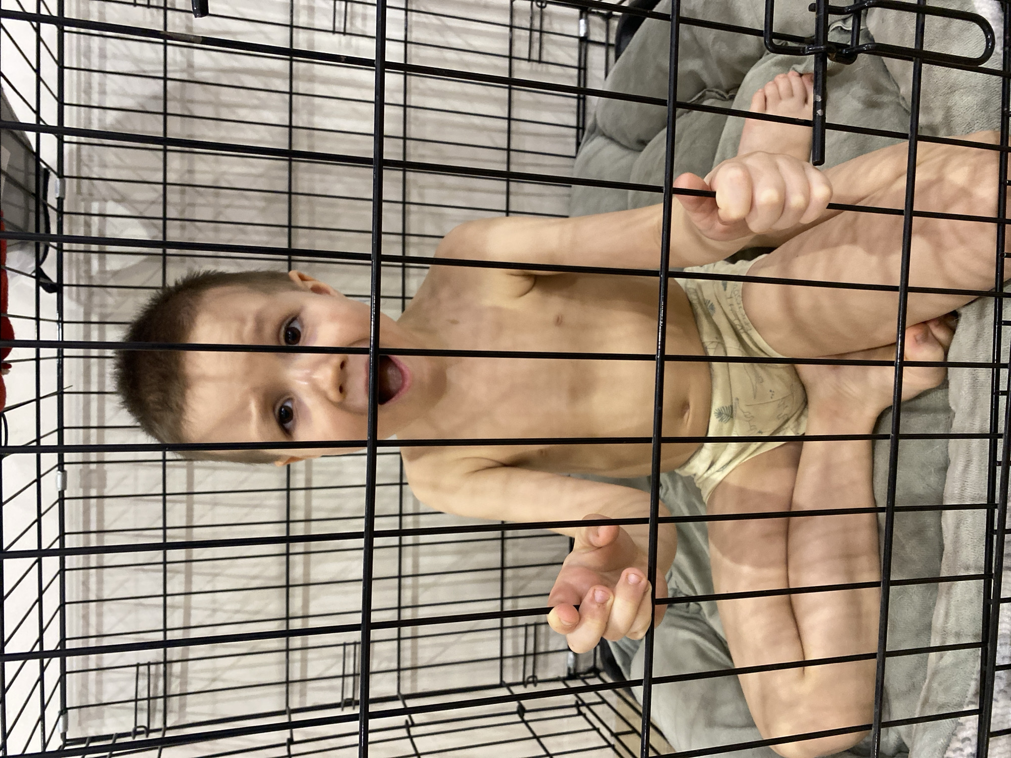 A young child is inside a black wire cage. The child is wearing underpants. A soft gray blanket lines the floor of the cage. The location of the photo is not specified, and there is no evidence to support it being taken in the city of Chaikovsky, Russia.