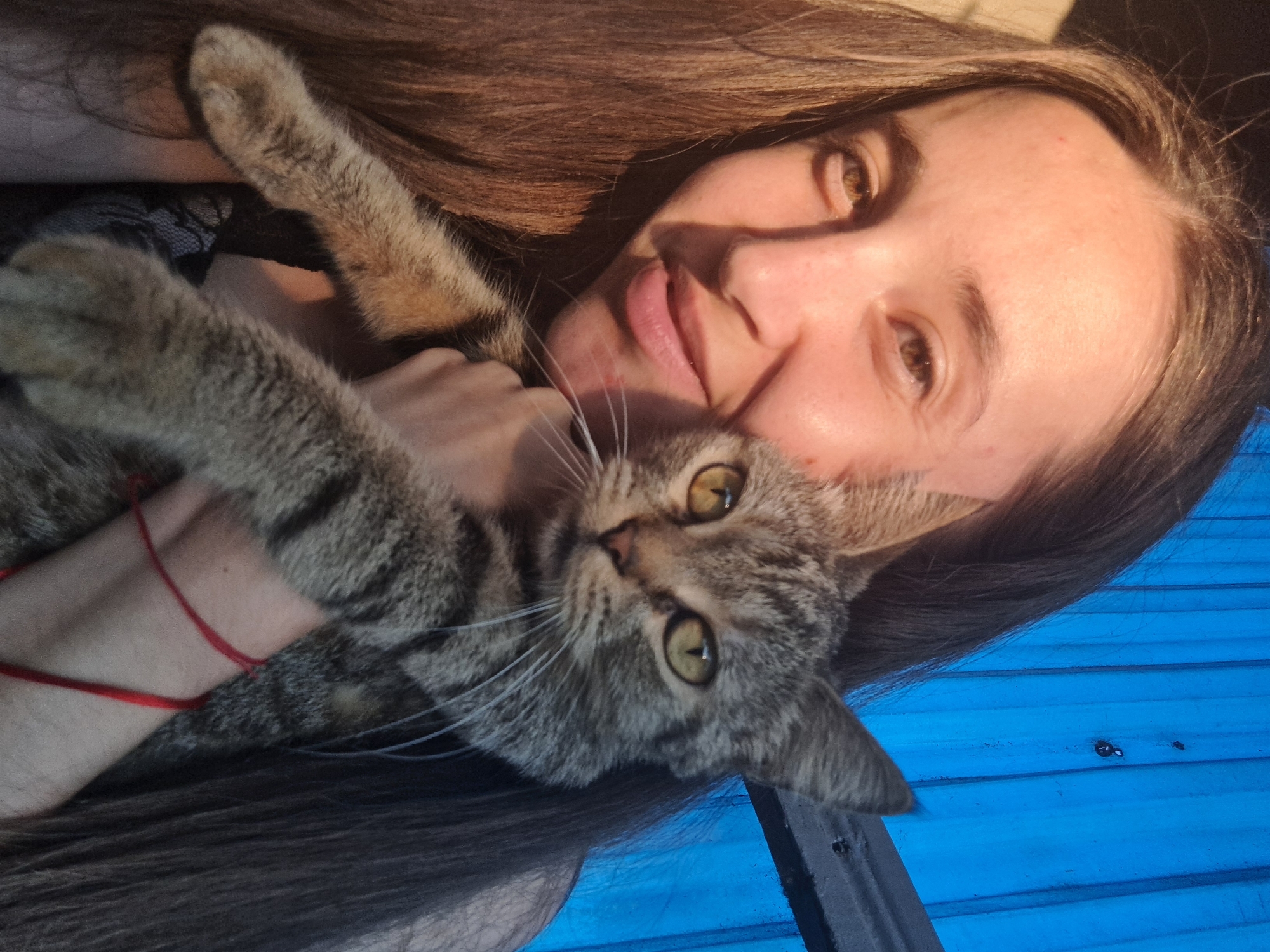 In the foreground, a young woman with long, dark brown hair is holding a tabby cat. The woman is smiling and looking towards the camera. The cat is also looking towards the camera with its bright yellow eyes. The woman is wearing a black lace top. She has a red string bracelet on her left wrist. The background is a bright blue corrugated metal wall. The lighting suggests it is late afternoon or early evening, with the sun casting warm light on the woman's face. The scene appears to be outdoors.