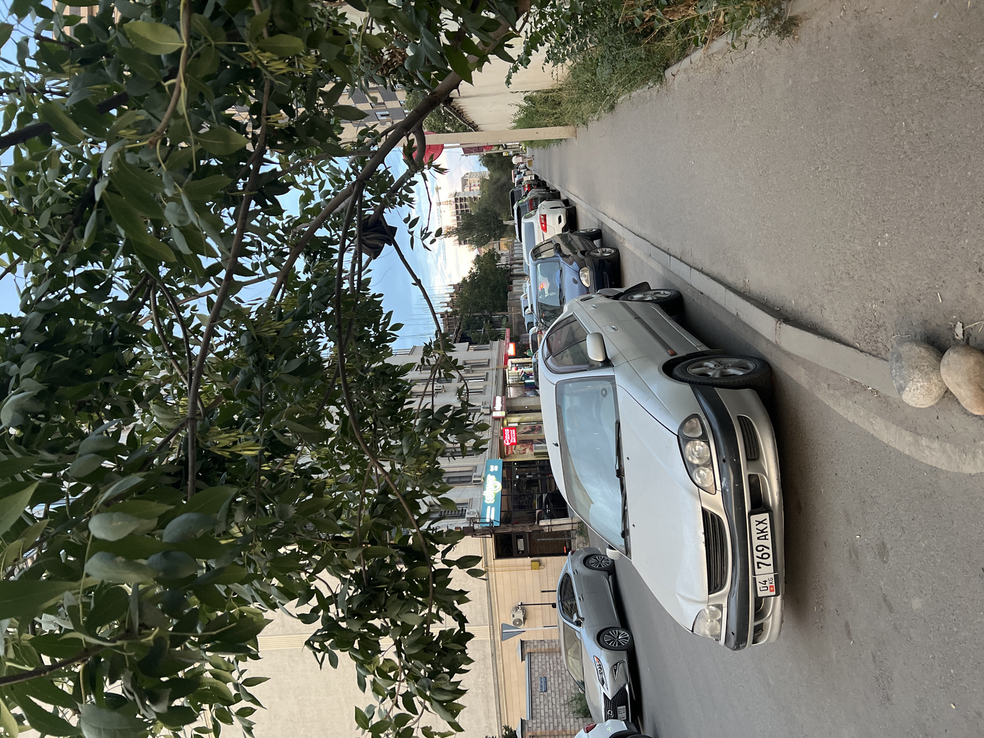 The image depicts a street scene in Bishkek, Kyrgyzstan, with a row of parked cars on the right side of the road and a sidewalk along the buildings. A silver Toyota sedan with license plate "KG 769 AKX" is in the foreground, parked on the asphalt street. The car's headlights are on, and the license plate is clearly visible. A silver Lexus sedan is parked further down the street. Beyond the Lexus, several other cars are parked along the curb. The sidewalk is lined with greenery and a white wall. In the background, there are multi-story buildings, construction sites with cranes, and a clear sky. A tree with large green leaves overhangs the street in the foreground, partially obscuring the view of the sky and buildings. The overall impression is of a typical urban environment in Bishkek.