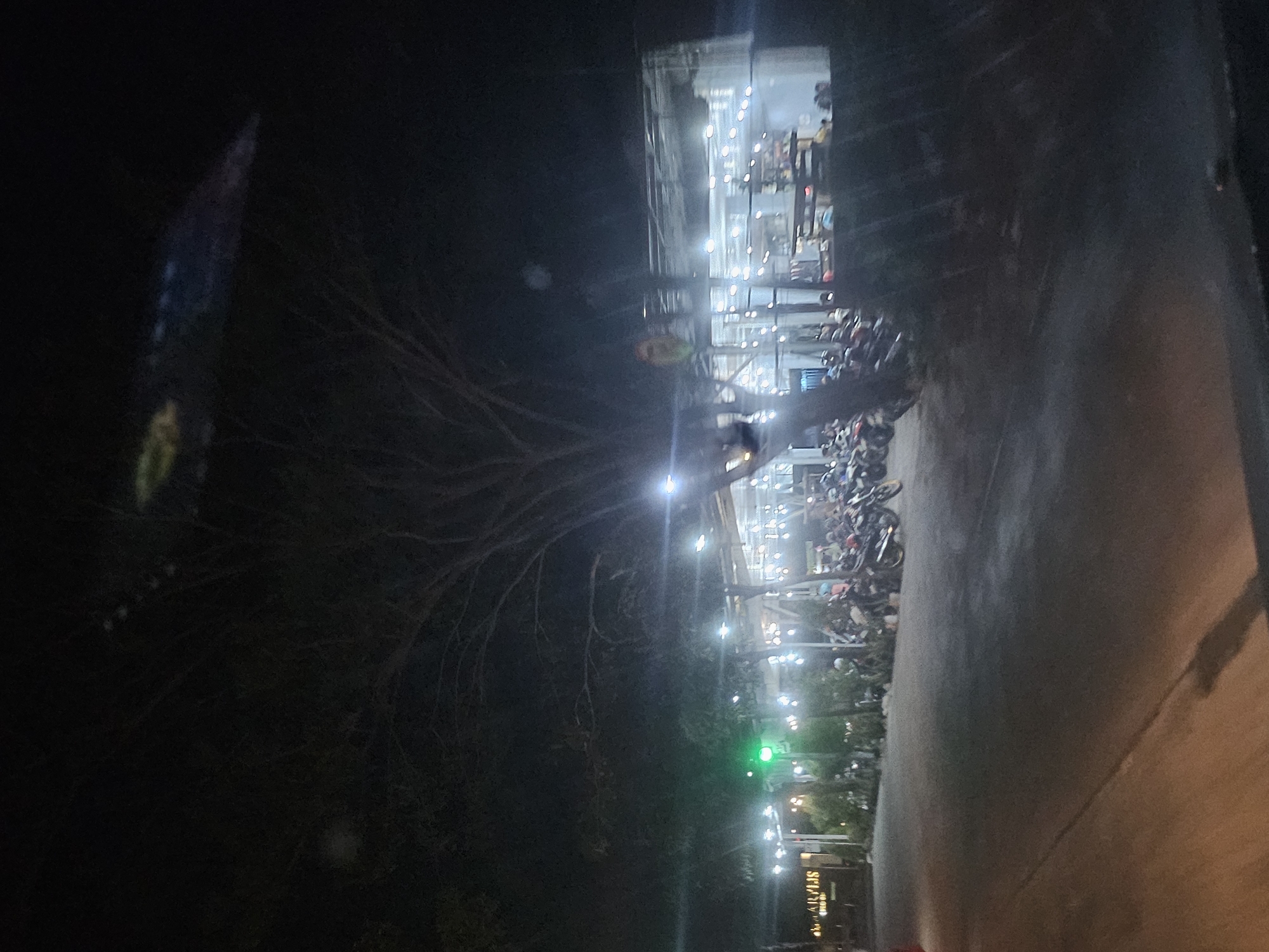 The image depicts an outdoor scene at night in Lamongan, Indonesia, with a prominent tree in the foreground casting shadows. The background features a brightly lit building, possibly a restaurant or shop, adorned with numerous string lights. A parking area in front of the building is filled with many motorcycles, suggesting a busy establishment. A green traffic light is visible on the left side of the image, indicating a street intersection. The overall atmosphere is dimly lit, with the artificial lights from the building and traffic signal providing the primary illumination. The ground appears to be paved, possibly a road or parking lot, with some wet patches reflecting the light.