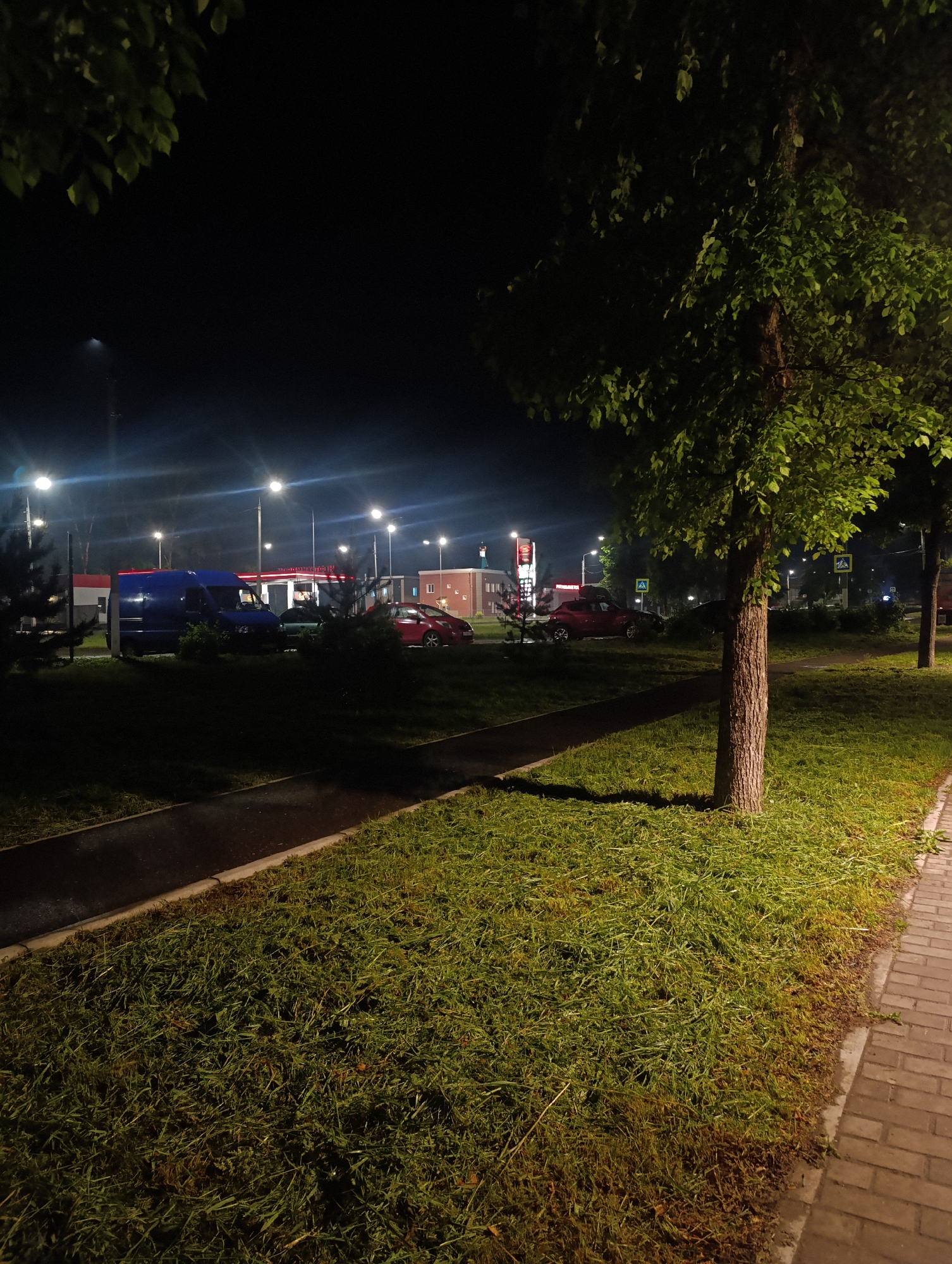The image depicts an outdoor night scene, likely in an urban or suburban setting, with artificial lights illuminating a commercial area adjacent to a green space. The foreground features a dark asphalt sidewalk on the left and a brick-paved sidewalk on the right, separated by a wide strip of recently mowed green grass. Clippings are visible on the grass, suggesting recent maintenance. A tree with a textured brown trunk and green leaves stands prominently on the right side of the grassy strip, casting shadows.
In the midground, a blue van is parked on a paved area, flanked by smaller trees and bushes. Further behind, several streetlights with bright halos and lens flares intensely illuminate a parking area and a collection of buildings. A red car is parked near one of these buildings, and another red vehicle is visible further to the right. Two yellow pedestrian crossing signs are mounted on poles in the distance.
The background consists of low-rise buildings, possibly part of a commercial complex or gas station, featuring red and white elements. On one of the buildings, Cyrillic text is visible, reading "ШИНОМОНТАЖ" (Tire Fitting/Service). The sky is completely dark, emphasizing the artificial lighting. No people or active events are depicted; the scene conveys a quiet, stationary moment at night.