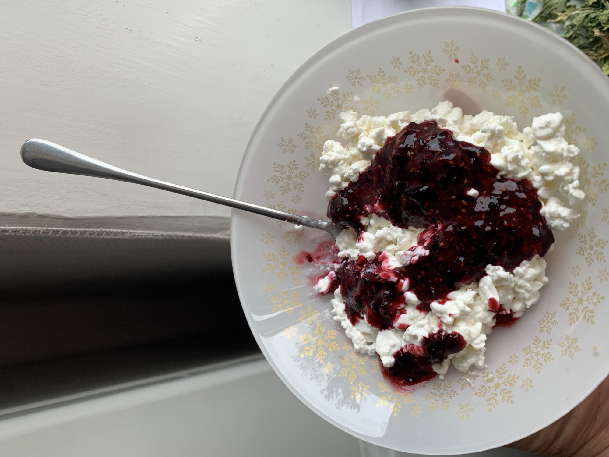 A close-up, overhead shot shows a white bowl with gold snowflake accents filled with cottage cheese and a dark red jam, possibly raspberry. A silver spoon is embedded in the cottage cheese. The bowl sits on a white surface, possibly a table or counter. In the background, a dark, shadowy area suggests a window or doorway. The overall lighting suggests a bright indoor setting, potentially near a window. The scene appears to be indoors in Kapyĺ, Belarus.