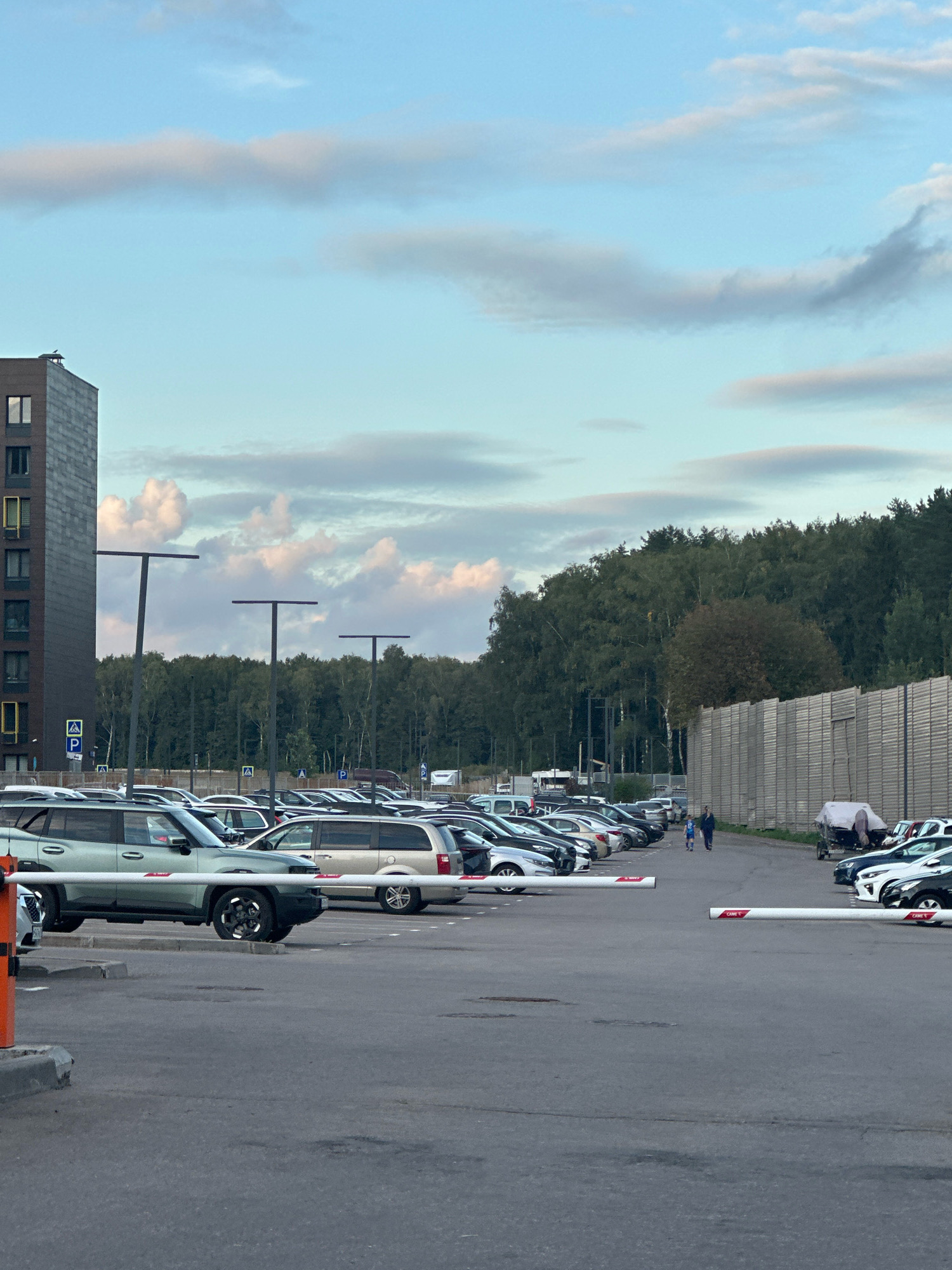 The image depicts a parking lot at the "Vidnoe City" shopping and entertainment center in Vidnoye, Russia, on a partly cloudy day. A multi-story building with a dark facade and yellow accents is visible on the left, while a dense forest forms the background on the right. Several cars are parked in rows, and two automated barriers are positioned across the entrance/exit lanes. Two individuals, an adult and a child, are walking away from the camera in the distance.