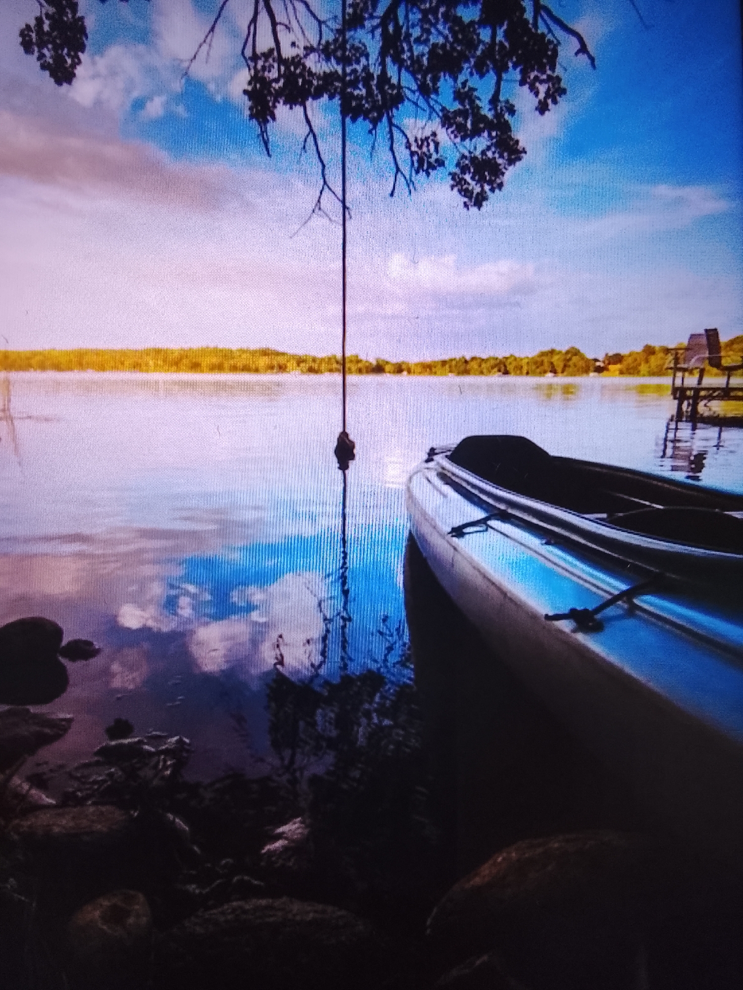 The image depicts a serene lakeside scene, likely during the daytime or early evening, given the lighting. In the foreground, a kayak rests on the water's edge, its sleek, dark interior contrasting with the light-colored hull. The water itself is calm, reflecting the sky and the surrounding trees, creating a mirrored effect. A rope hangs from an overhanging tree branch, possibly for a swing, adding a touch of playful nostalgia. The shoreline is rocky, with several dark stones visible. In the distance, a treeline forms a gentle horizon, with a pier and a chair visible on the right side. The sky is a mix of blue and pastel clouds, suggesting fair weather. There are no people visible in the image, and no specific landmarks are identifiable to pinpoint the location in Safonovo, Russia. The scene evokes a sense of peace and natural beauty.