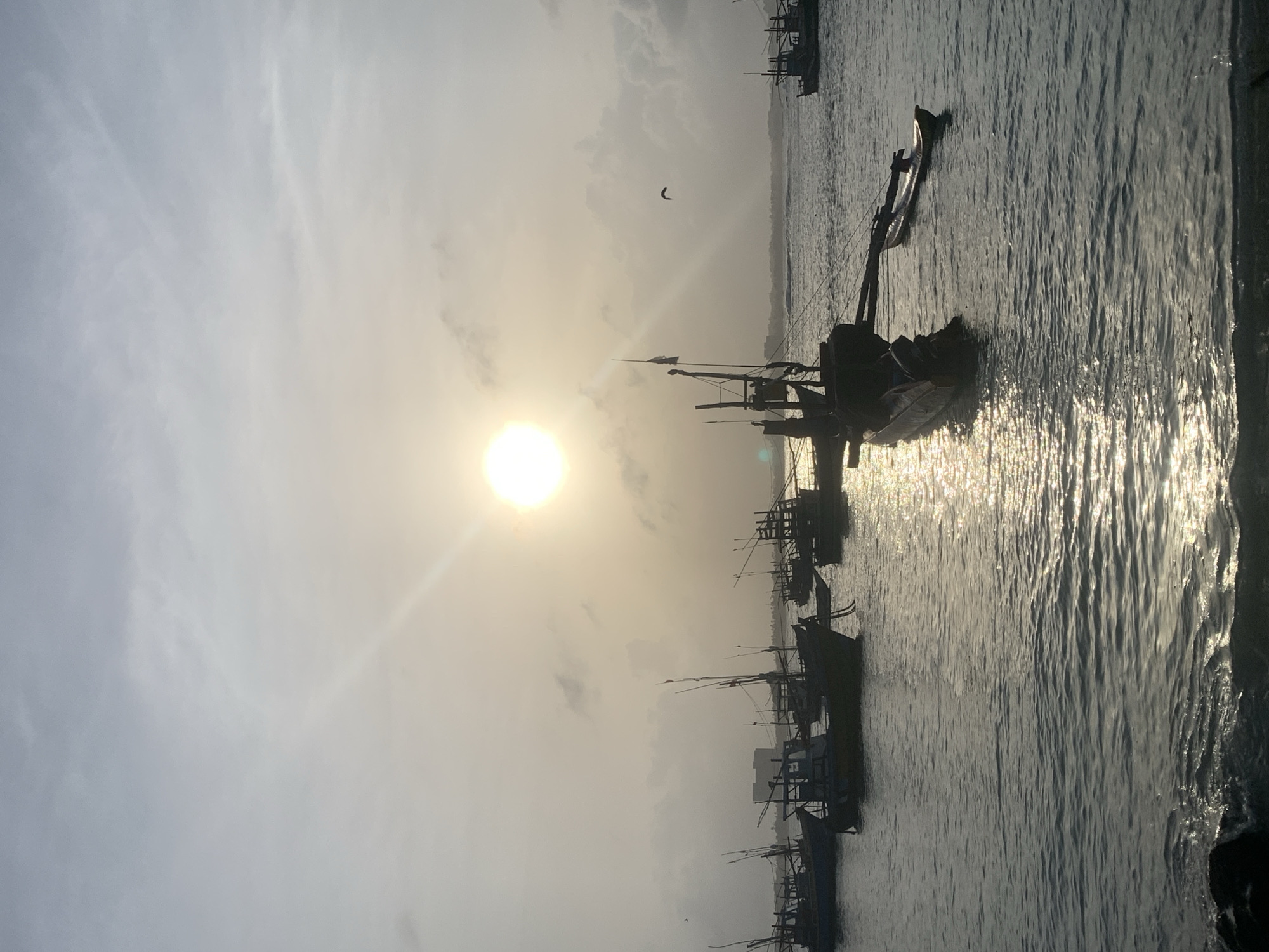 This image depicts a tranquil scene of fishing boats anchored in the ocean off the coast of Midigama, Sri Lanka. The sun, partially obscured by clouds, casts a warm, hazy glow across the water, creating a shimmering reflection. Several fishing boats of various sizes are visible, some with masts and rigging, silhouetted against the soft light. In the background, a distant coastline with buildings suggests the presence of a town or city. A single bird can be seen in flight against the cloudy sky. The overall atmosphere is peaceful and serene, capturing a moment of calm before or after a day of fishing.