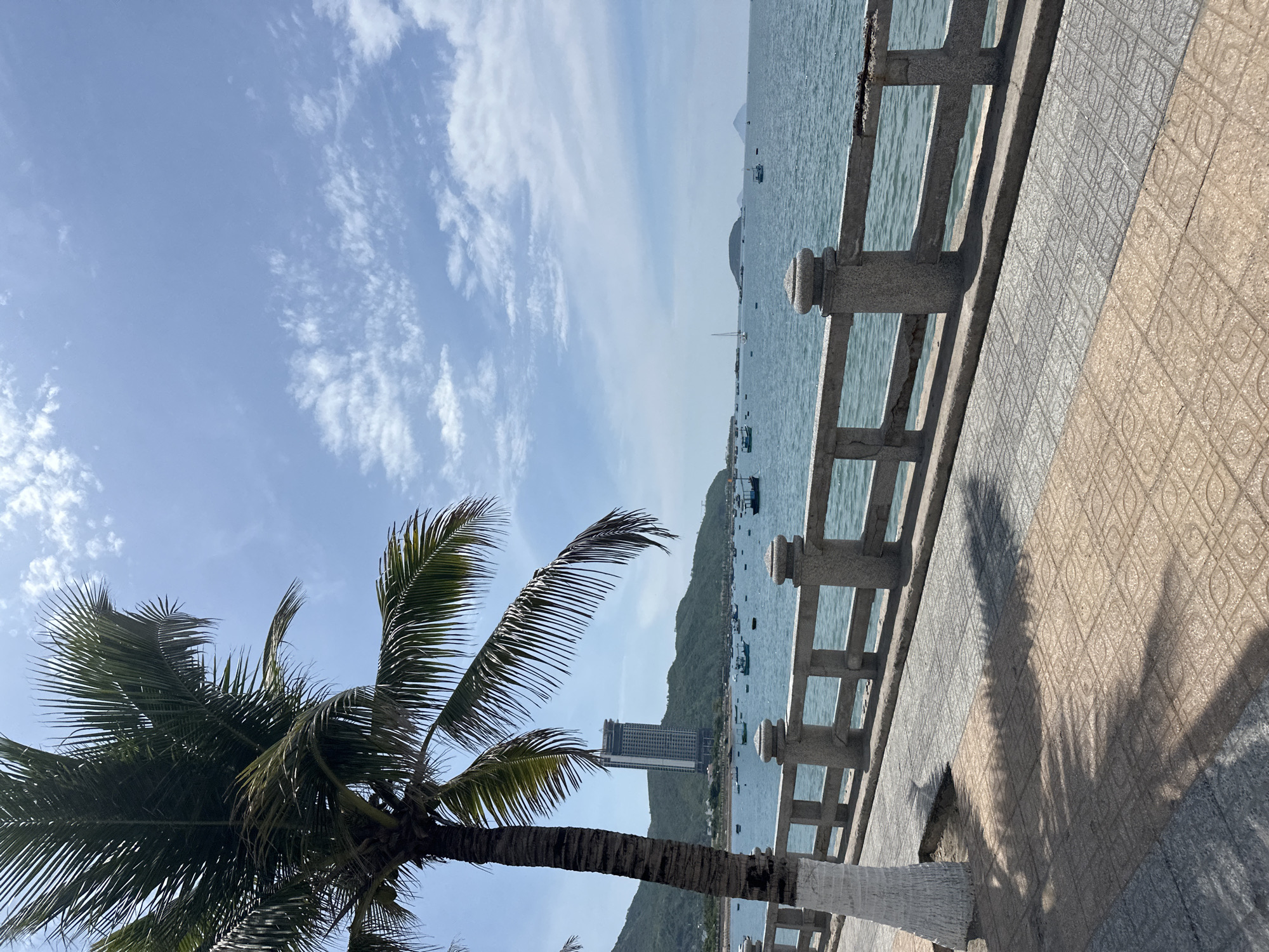 A panoramic view captures the coastal scenery of Bac Nha Trang Ward, Vietnam, under a bright, partially clouded sky. In the foreground, a tall, slender palm tree stands to the left, its trunk partially painted white and its fronds casting dappled shadows on the tiled walkway. The walkway, paved with textured tiles in alternating shades of beige and grey, runs along a stone promenade. This promenade features a weathered stone railing with decorative post tops, overlooking the ocean.
The sea itself is a calm, turquoise expanse dotted with numerous small fishing boats. In the middle ground, a row of lush green hills forms the backdrop to the water. Dominating the hillside is a tall, modern skyscraper, its construction incomplete, with visible scaffolding. The horizon is defined by the meeting of the sea and the sky, with distant islands visible on the right. The overall atmosphere is serene and tropical, indicative of a coastal city in Vietnam.