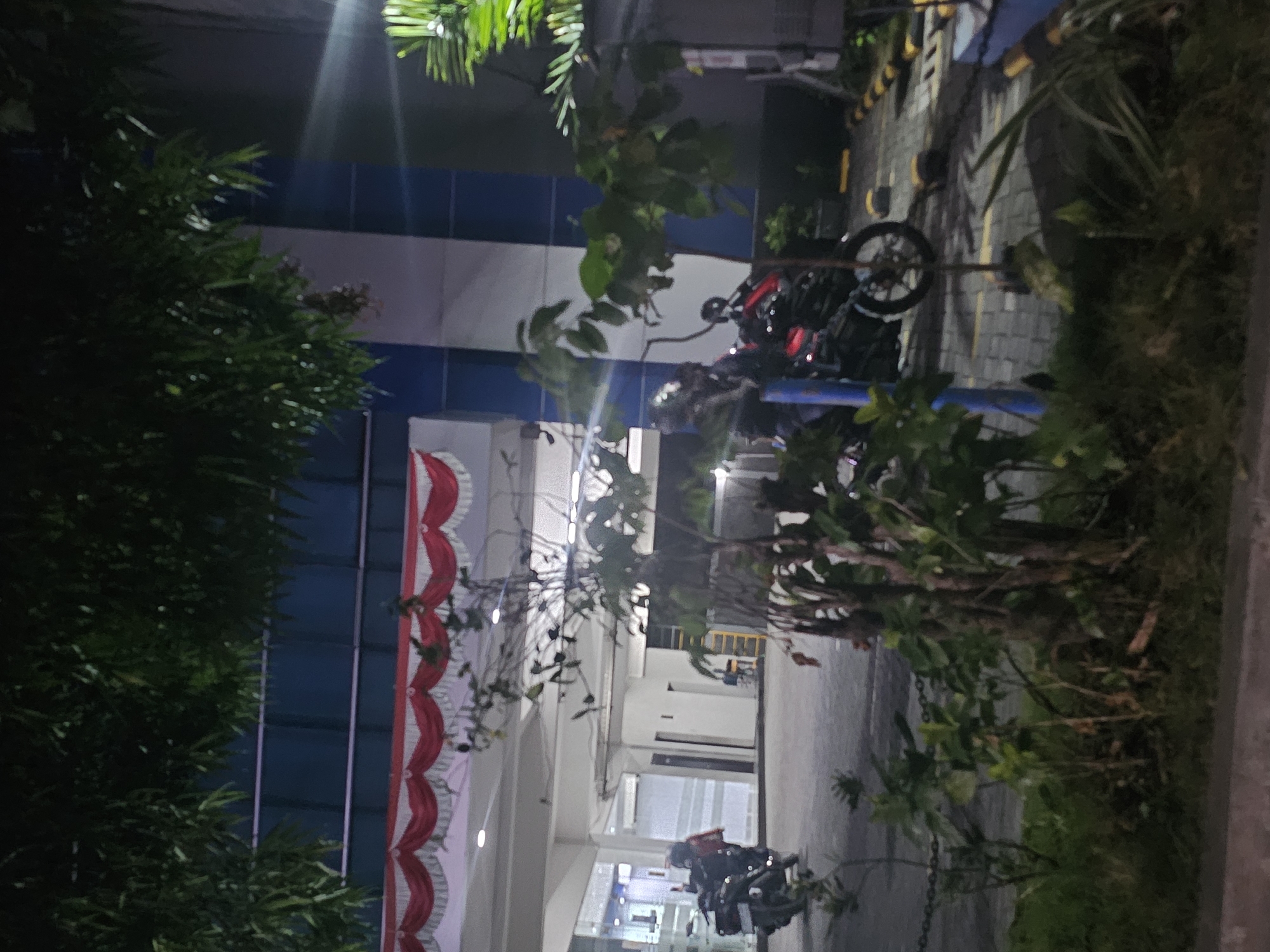 The image shows a dimly lit outdoor scene, possibly a parking area or entrance to a building at night. In the foreground, lush green vegetation and trees are prominent, with some of the foliage casting shadows on the paved ground. A chain link fence is visible behind the plants.
Several motorcycles are parked or being ridden in the middle ground. One black motorcycle with a rider wearing a helmet is parked on the left. Further back, two more motorcycles are visible, one red and one black, with riders also wearing helmets.
The background features a modern building with a blue and white facade. A red and white draped fabric decoration is visible above an entrance or awning. The building appears to be well-lit internally, with some lights reflecting on the facade and walkway. Paving stones form the ground surface, with yellow and black striped barriers indicating a parking or traffic control zone. The overall impression is a busy urban environment at night, likely in Indonesia, given the context of Lamongan.