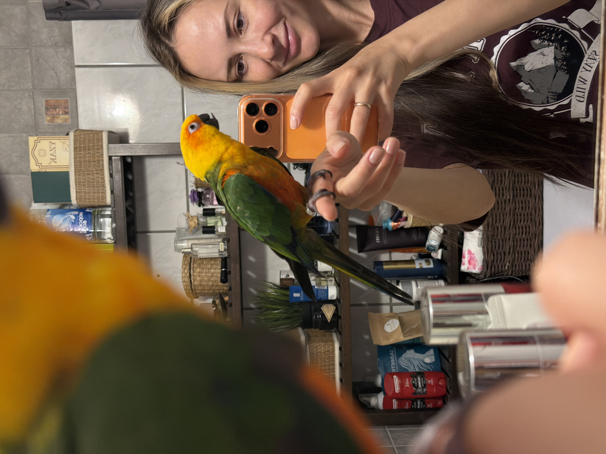 A woman is taking a selfie with a yellow and green parrot perched on her hand in a bathroom in Khimki, Russia. She's using an orange phone with a triple-lens camera. Her dark hair is partially lightened, and she's wearing a maroon t-shirt with a circular design. The background includes gray tile walls, a wooden shelving unit filled with various items such as bottles, boxes, and baskets. Another parrot is in the foreground, obstructing the view.