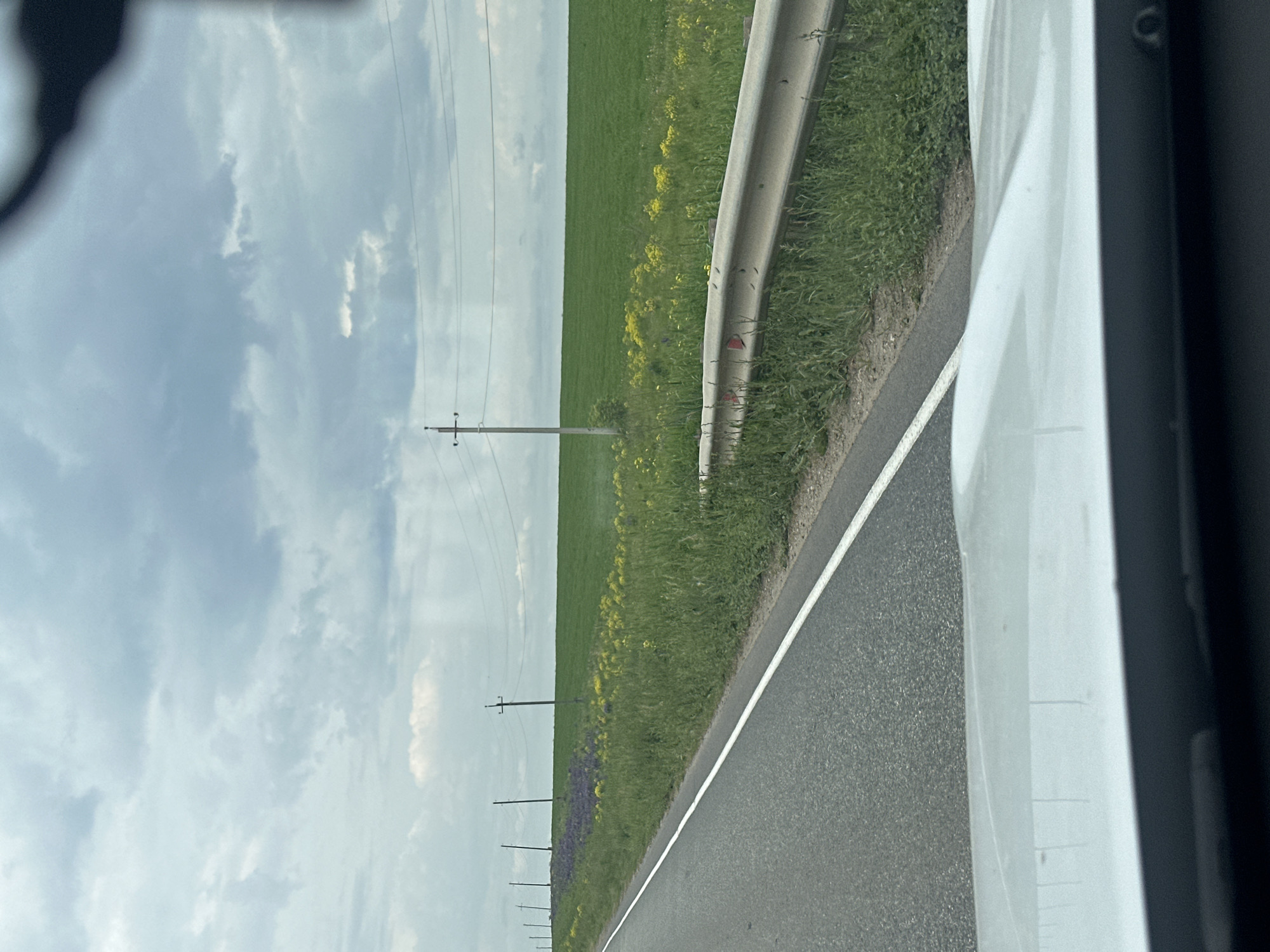 The image captures a daytime scene from inside a moving vehicle, looking out the passenger side window. The perspective is of a road receding into the distance, bordered by a rural landscape under a cloudy sky.
In the foreground on the right, a section of an asphalt road is visible, marked by a solid white line along its edge. Parallel to the road, a silver metal guardrail stretches forward. Beyond the guardrail, a strip of green grass contains scattered yellow wildflowers.
Further into the background, a vast, flat green field extends to the horizon, suggesting an agricultural or open plain area. Interspersed within the green field are more patches of yellow flowers, and a distinct patch of purple flowers is visible further along the field. A series of wooden utility poles with crossbars and wires runs parallel to the road along the field's edge, disappearing into the distance.
The sky above is filled with light gray and white clouds, indicating an overcast or partly cloudy day. Elements of the vehicle's interior, including a white body panel and a dark frame, are visible on the far right of the image, framing the view. There is no visible text in the image. The scene suggests travel through an expansive rural environment.