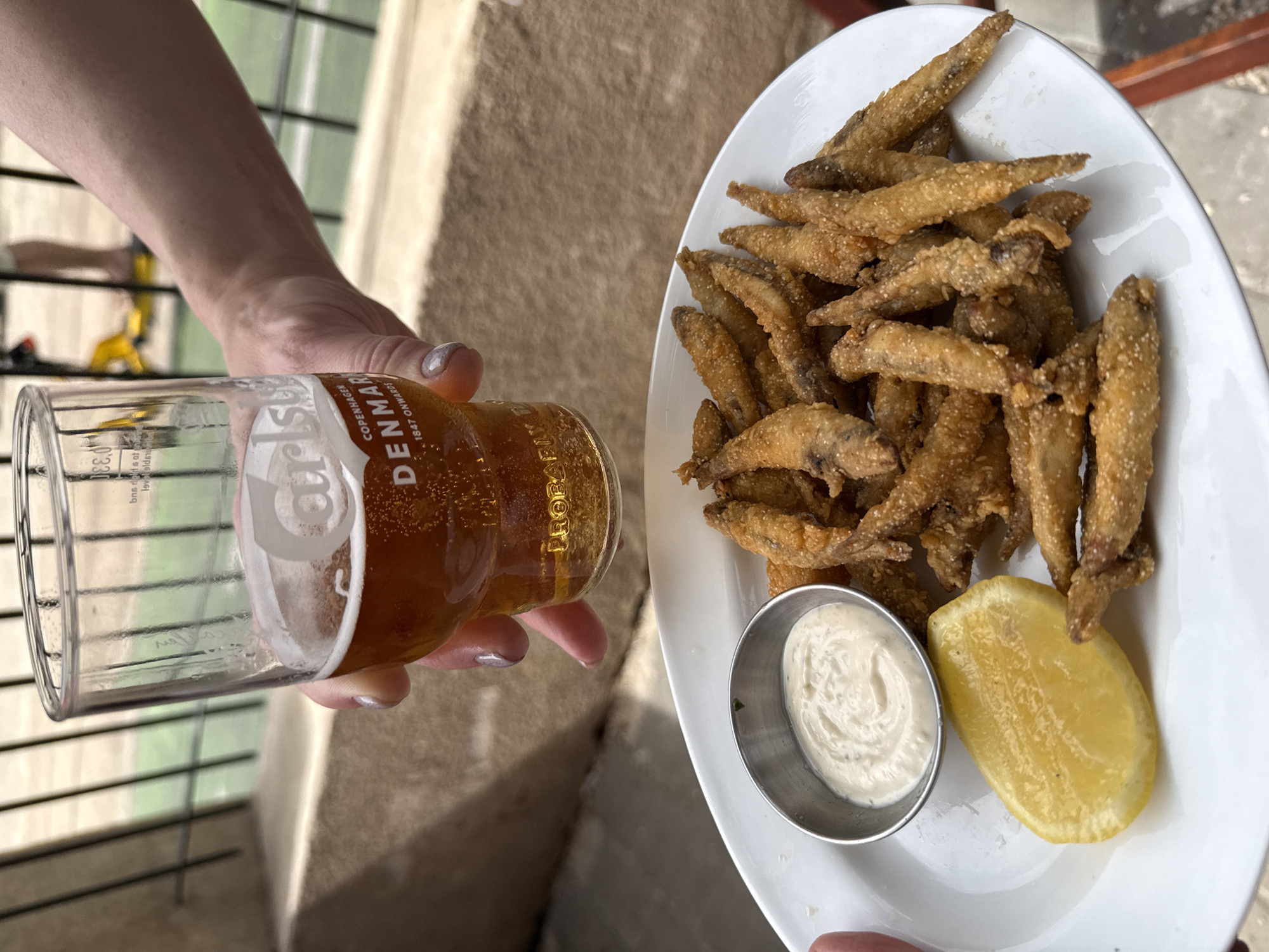 An outdoor scene depicts a person holding a glass of beer with the label “Carlsberg DENMARK” in their left hand, while their right hand presents a white plate of fried fish, a small metal bowl of tartar sauce, and a lemon wedge. The location is identifiable as being in Tel Aviv, Israel, due to the menu of the restaurant. The background shows a stone-like structure with metal railing. The person's fingernails are painted with a light color.