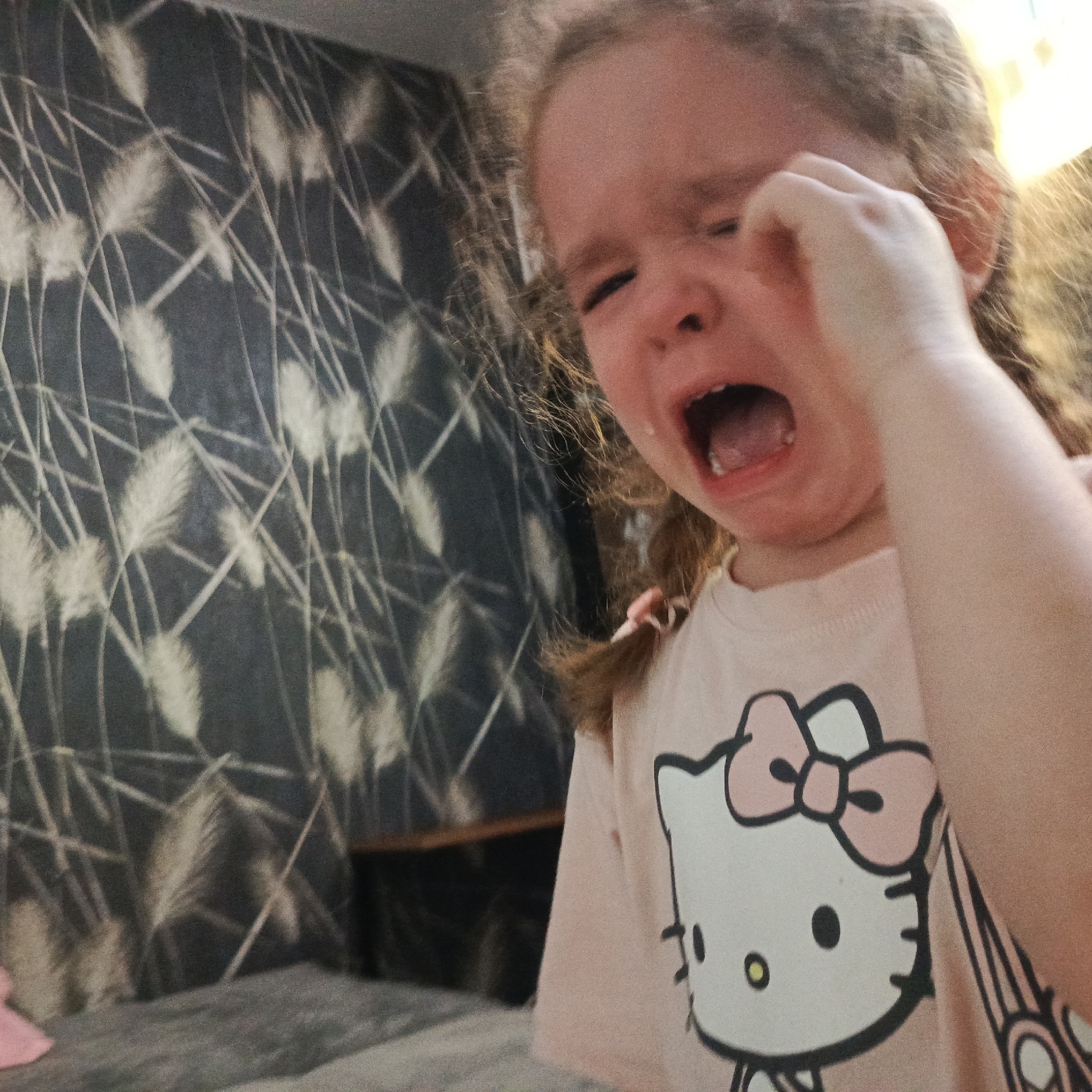 A young child with light brown, wavy hair styled in pigtails is depicted crying intensely indoors in Марковский, Russia. The child, likely a girl, is shown in a close-up, angled shot, with her mouth wide open in a scream or wail, and tears visible on her cheek. Her left hand is raised, with fingers touching the area around her left eye, as if rubbing it or wiping tears away. She is wearing a light pink t-shirt featuring the iconic "Hello Kitty" character design on the front, complete with the character's face, pink bow, and outlines of arms.
The background consists of dark-colored wallpaper with a repetitive pattern of light-colored, stylized feathery or grassy stalks and lines, creating a somewhat abstract, organic motif. The lighting appears to be a mix of natural light from an unseen source to the right, casting a warm glow on the child's hair and side, and possibly ambient indoor lighting. A darker, indistinct area is visible behind the child's left shoulder, possibly furniture or another part of the room. The overall scene conveys a strong sense of emotional distress from the child. No other specific location cues or time of day are explicitly visible, but the indoor setting is clear.