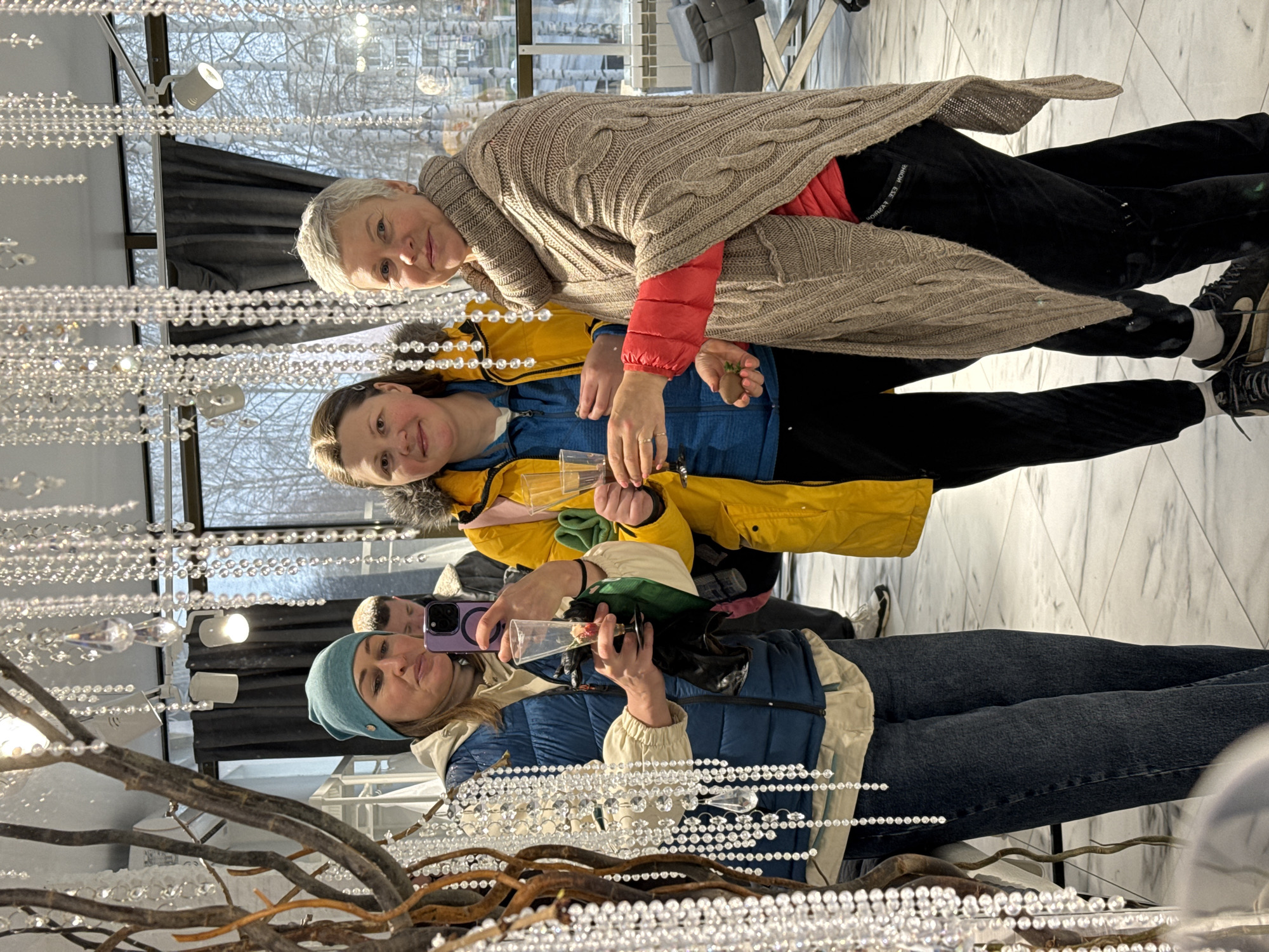 Three women are reflected in a mirror, possibly in a public space or commercial establishment. The woman nearest to the viewer is wearing a blue beanie, a puffy blue vest, and jeans. She is holding a smartphone and aiming it toward the mirror, seemingly capturing a selfie. A tree branch and cascading crystal beads are in the foreground of the reflection, obscuring part of her image.
A second woman, wearing a yellow jacket, is slightly behind and above the first. The third woman, positioned highest in the reflection, is wearing a beige shawl. They appear to be interacting.
In the background, a window shows a cityscape, indicating an urban location. Additional architectural elements, perhaps inside the building, are visible in the reflection above the women. Given the prompt, it is presumed that the location is Chaikovsky, Russia.