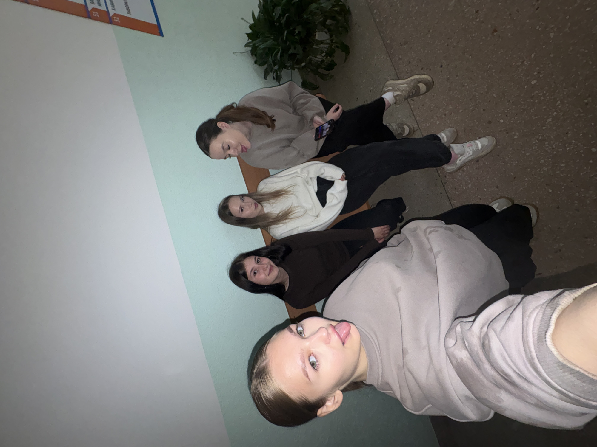 In Chaikovsky, Russia, four young women are posing for a selfie in a hallway with light blue walls and a beige bench. The woman in the foreground is sticking her tongue out at the camera, wearing a grey sweatshirt. Behind her, a woman in a dark brown long-sleeved shirt is smiling. To her right, two other women are seated on the bench. One is wearing a white sweatshirt and black pants, while the other is wearing a grey sweatshirt and black pants, and is looking at her phone. A potted plant is visible to the right of the bench. There is a bulletin board on the wall with some text, but it is illegible.