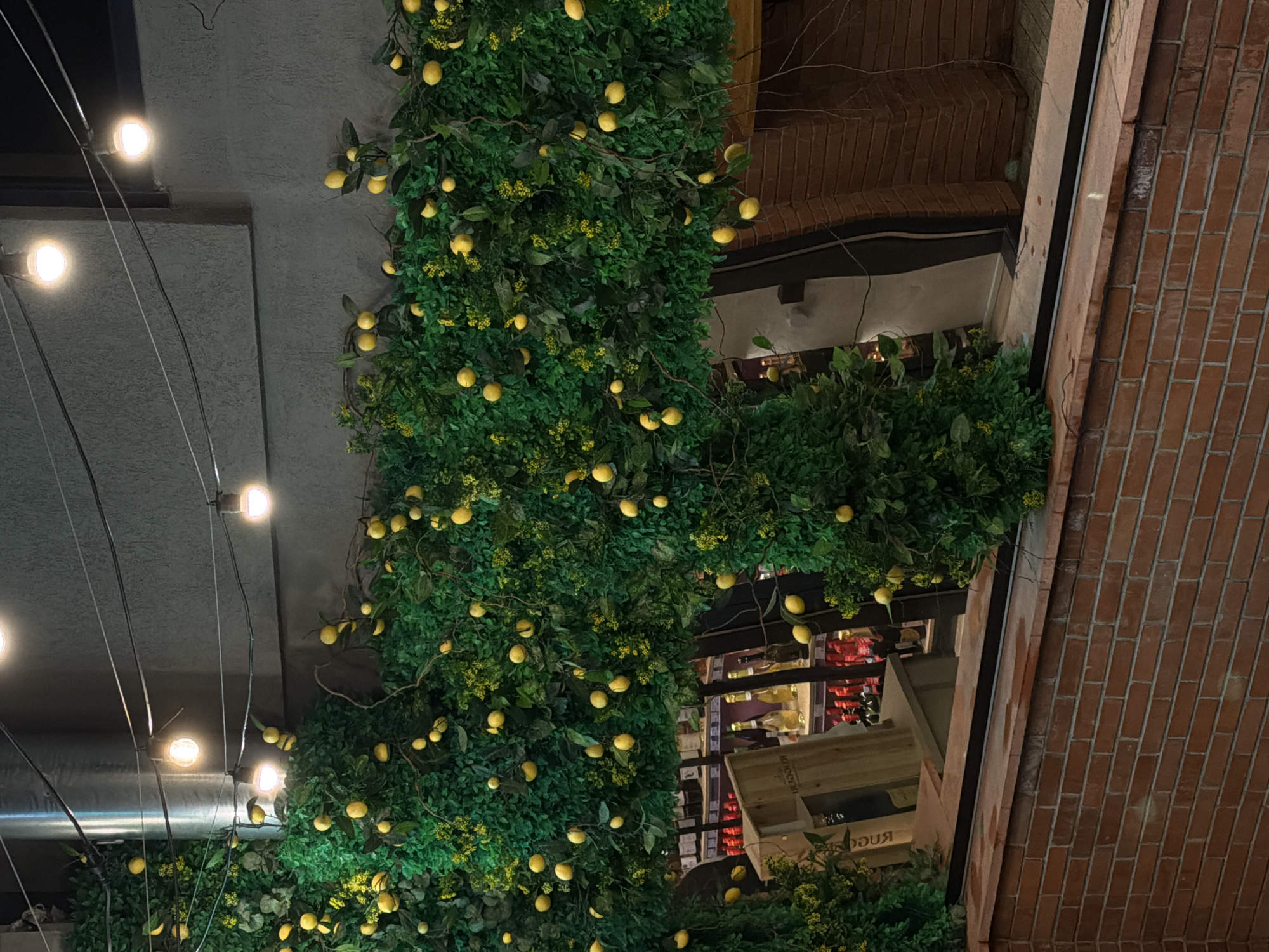 The image presents an interior scene, apparently in an upscale location. Dominating the view are lush green vines adorned with numerous small, yellow lemon-like fruits. These vines are strategically placed along structural elements within the space.
On the left side of the frame, a series of string lights hang vertically, casting a warm glow. The background reveals portions of the restaurant or bar, with glimpses of shelves stocked with bottles.
On the right, a brick wall adds texture to the backdrop, indicating a potential contrast between rustic elements and the more curated botanical design.