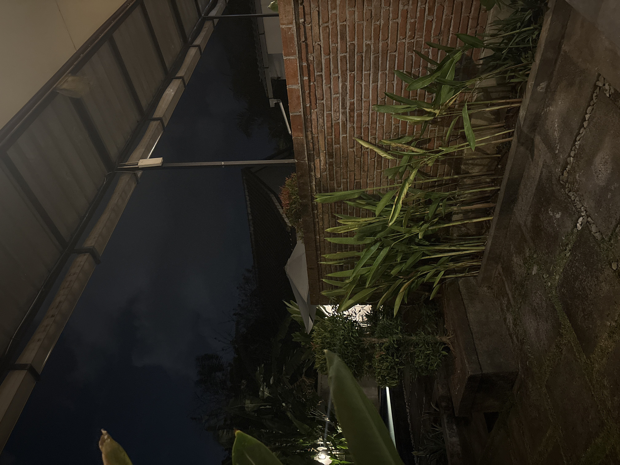 The image depicts a dimly lit outdoor area at night, possibly a courtyard or garden space. A prominent feature is a textured red brick wall running horizontally across the frame, with several tall, green plants with long leaves planted in front of it. To the left, large, broad green leaves of another plant are visible in the foreground. Beyond the brick wall, a tiled roof structure with an overhang is visible, supported by metal beams. Dark, indistinct trees and buildings are visible in the background against a dark night sky with some visible clouds. The ground is paved with large, square tiles and some smaller pebbles. A dark, rectangular planter box is visible to the left, with a small, bushy green plant growing in it. The overall atmosphere is serene and quiet, suggesting a tranquil evening setting.