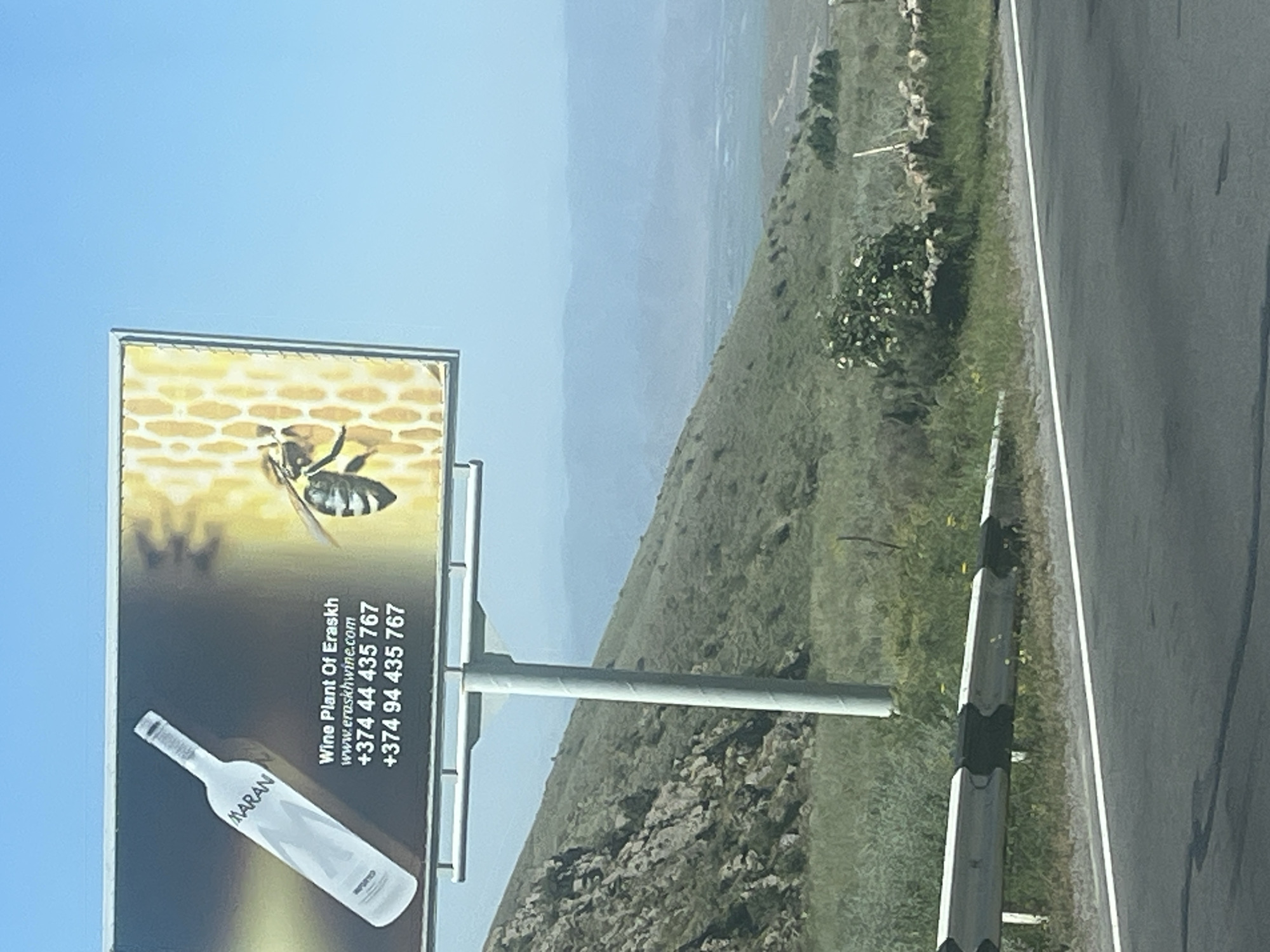 An outdoor scene captured in daylight shows a large billboard positioned alongside a paved road, which stretches along the right side of the frame with a white dividing line. A concrete guardrail runs parallel to the road. The immediate surroundings feature green, rocky, and somewhat sparse vegetation on hilly terrain that slopes downwards into a hazy, distant valley or plain. Above, the sky is clear and blue.
The billboard itself is rectangular and displays an advertisement. The upper portion features a prominent image of a black and yellow striped bee set against a golden honeycomb pattern. Below the bee, the lower part of the billboard shows a sleek, white bottle labeled "MARAN". Adjacent to the bottle, white text provides information: "Wine Plant Of Eraskh", "www.eraskhwine.com", and two telephone numbers, "+374 44 435 767" and "+374 94 435 767". The "+374" country code suggests the location is Armenia, with Eraskh being a specific place reference. No people are visible, and the scene depicts a static roadside advertisement within a rugged, natural landscape, likely indicating a sunny day due to the clear sky and bright light.