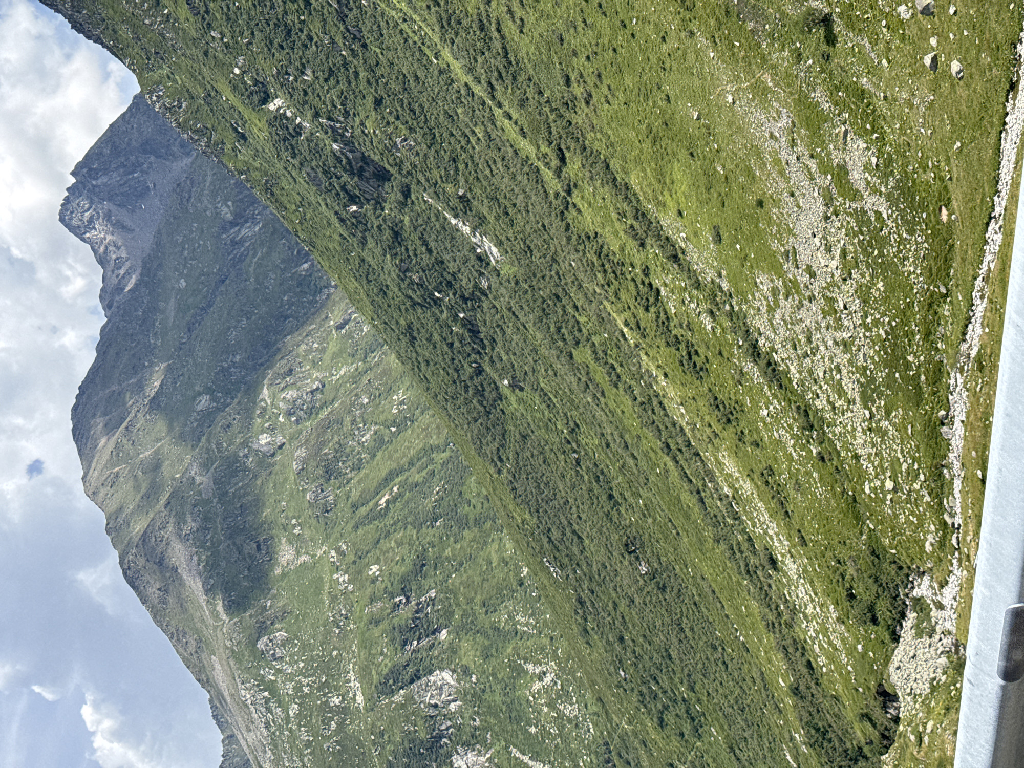 This is a vertical, eye-level shot of a steep, green mountain slope in Hospental, Switzerland. The mountain is covered in a dense growth of grass and scrubby vegetation, with patches of light-colored rocks scattered across its surface. Two distinct valleys are visible, carved into the mountainside, with darker, shadowy areas indicating their depths. The peaks of other, more rugged mountains are visible in the background, some shrouded in clouds. The sky above is a mixture of blue sky and white, puffy clouds. In the foreground, a light gray metal guardrail runs horizontally across the bottom of the frame, suggesting the viewpoint is from a road or elevated pathway.