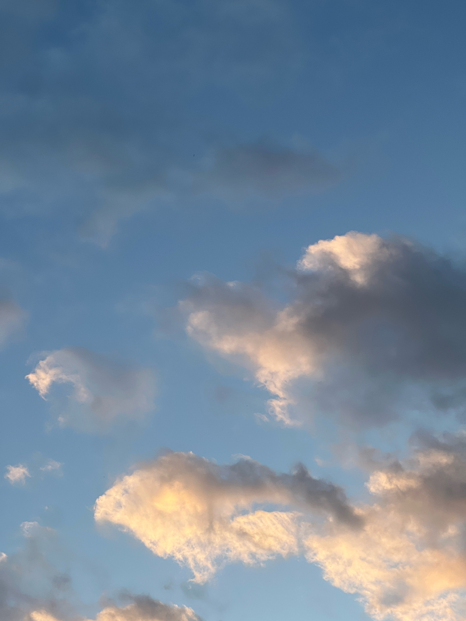 The image is a close-up, vertical shot of a blue sky filled with scattered clouds. The clouds vary in color, with some appearing white and illuminated by sunlight, while others are tinged with gray and darker hues, suggesting depth and texture. A few smaller, wispy clouds are also visible. The lighting indicates it may be late afternoon or early evening, given the warm tones on some of the clouds. There are no people, animals, or man-made objects visible in the frame. The scene is a natural environment, specifically the sky, without any discernible location within the city of Krasnoyarsk, Russia.