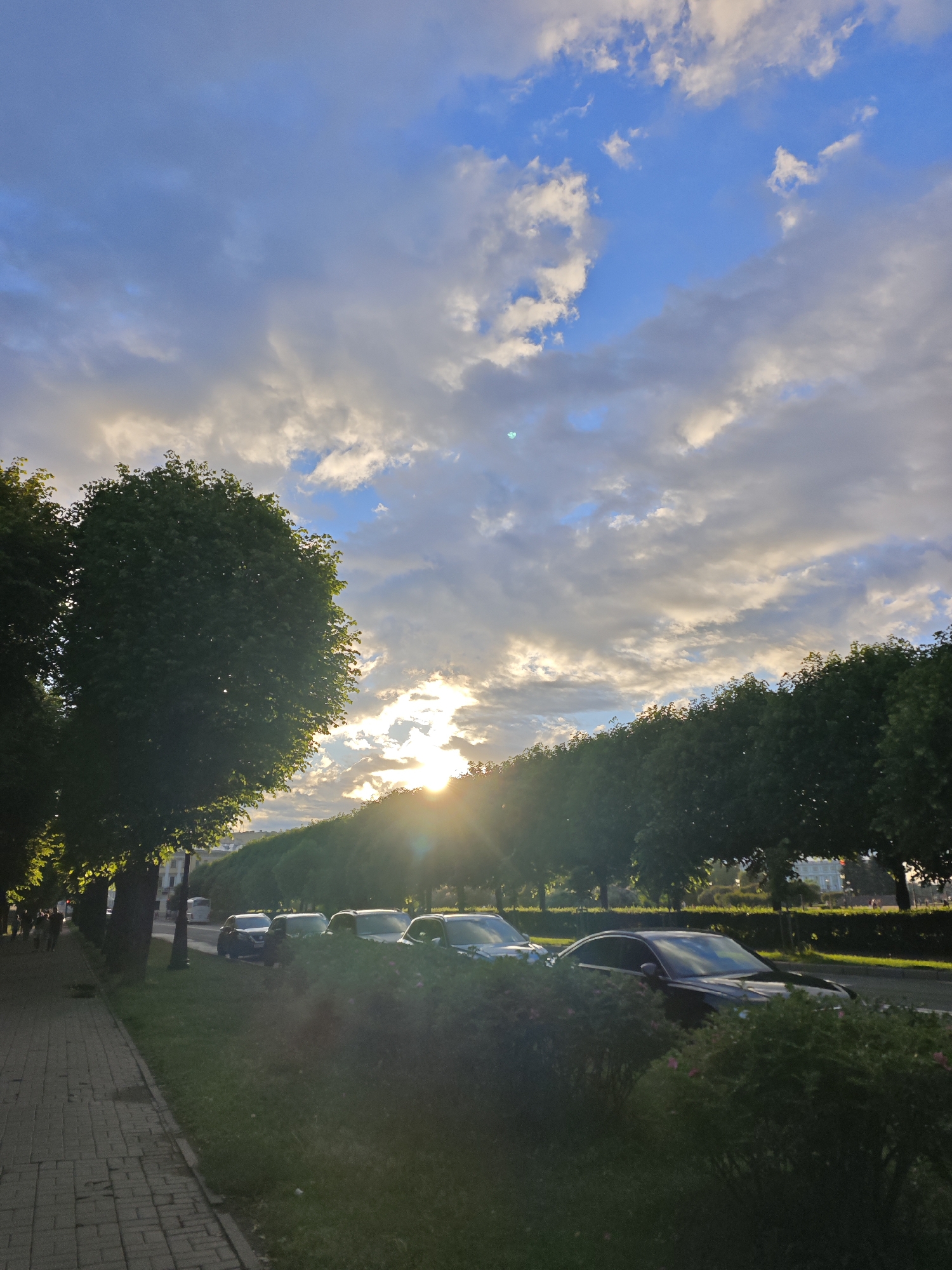 The image depicts a street scene in Saint Petersburg, Russia, during what appears to be late afternoon or early evening. The sun is setting, casting a warm glow and creating lens flare effects as it shines through clouds and between trees.
On the left side of the frame, a paved walkway is visible, with several pedestrians walking along it. Adjacent to the walkway is a row of large, mature trees with dense green foliage, creating a shaded canopy. Beyond the trees, a street is lined with parked cars. The cars are mostly dark-colored sedans.
In the background, a long, manicured hedge runs parallel to the street, and further behind that, more trees and some distant buildings can be seen. The sky is a mix of blue with scattered white and gray clouds, some illuminated by the setting sun. The overall impression is one of a peaceful urban environment with natural elements.