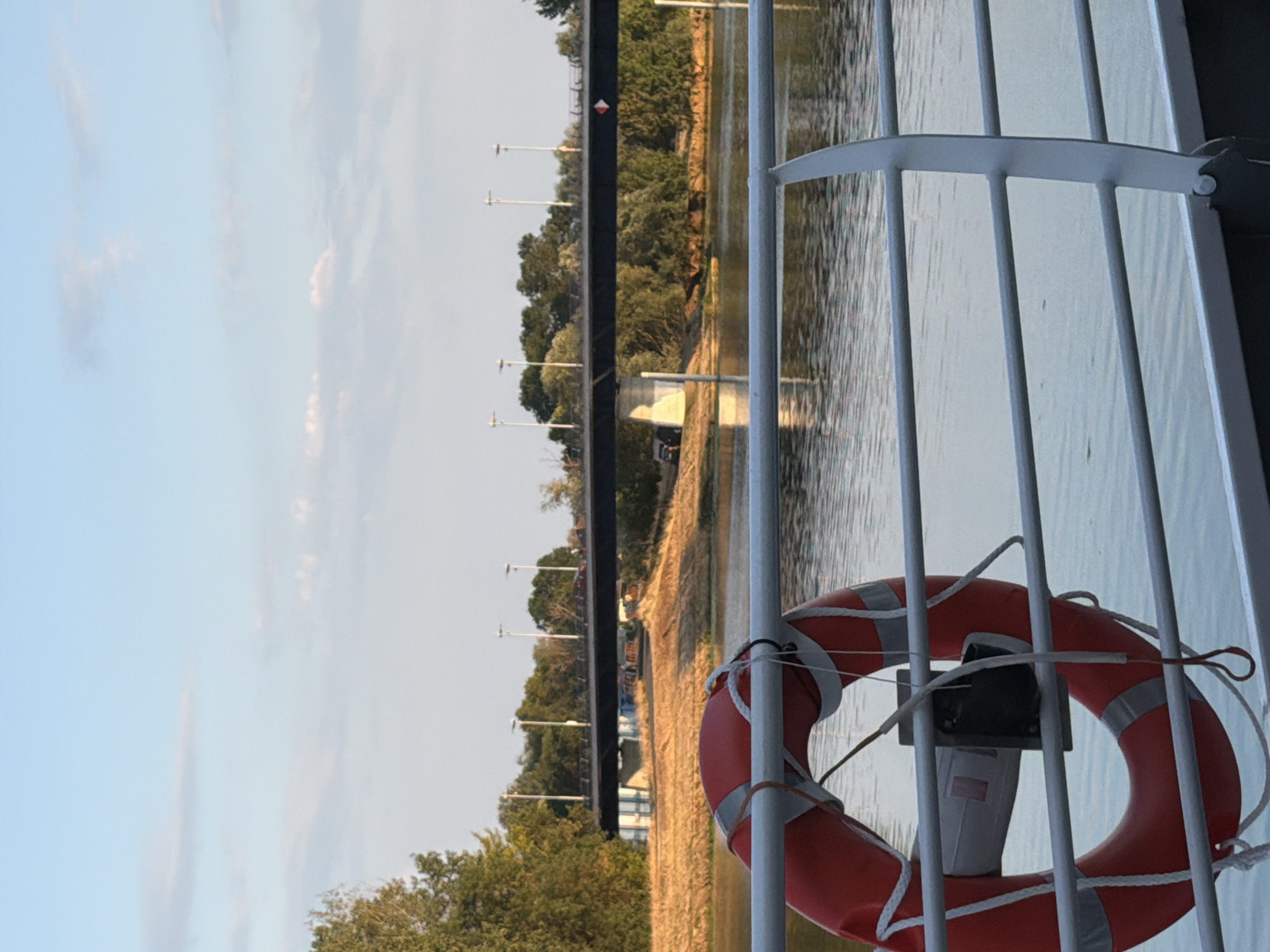 The image captures a serene riverside scene, likely taken from a boat or ferry. In the foreground, a bright orange life buoy with reflective white stripes is secured to a white metal railing. The buoy is hanging on the left side of the frame. The railing extends across the bottom of the image, with the rippling surface of a body of water visible behind it.
In the mid-ground, a low-lying, grassy embankment lines the opposite bank of the river. A dark, long bridge stretches across the scene above the embankment, supported by pillars. Several tall, thin lampposts are visible along the edge of the bridge, illuminated against the sky. The distant bank is densely covered with green trees, interspersed with patches of dry, golden vegetation. The sky above is a soft blue with scattered, wispy white clouds, suggesting either early morning or late afternoon light.
The location is identified as Charnay-lès-Mâcon, France. No people are visible in the image, and no specific actions or interactions are depicted. The overall impression is one of a peaceful, natural setting within an urban or semi-urban environment, highlighted by the presence of the bridge and lampposts.
