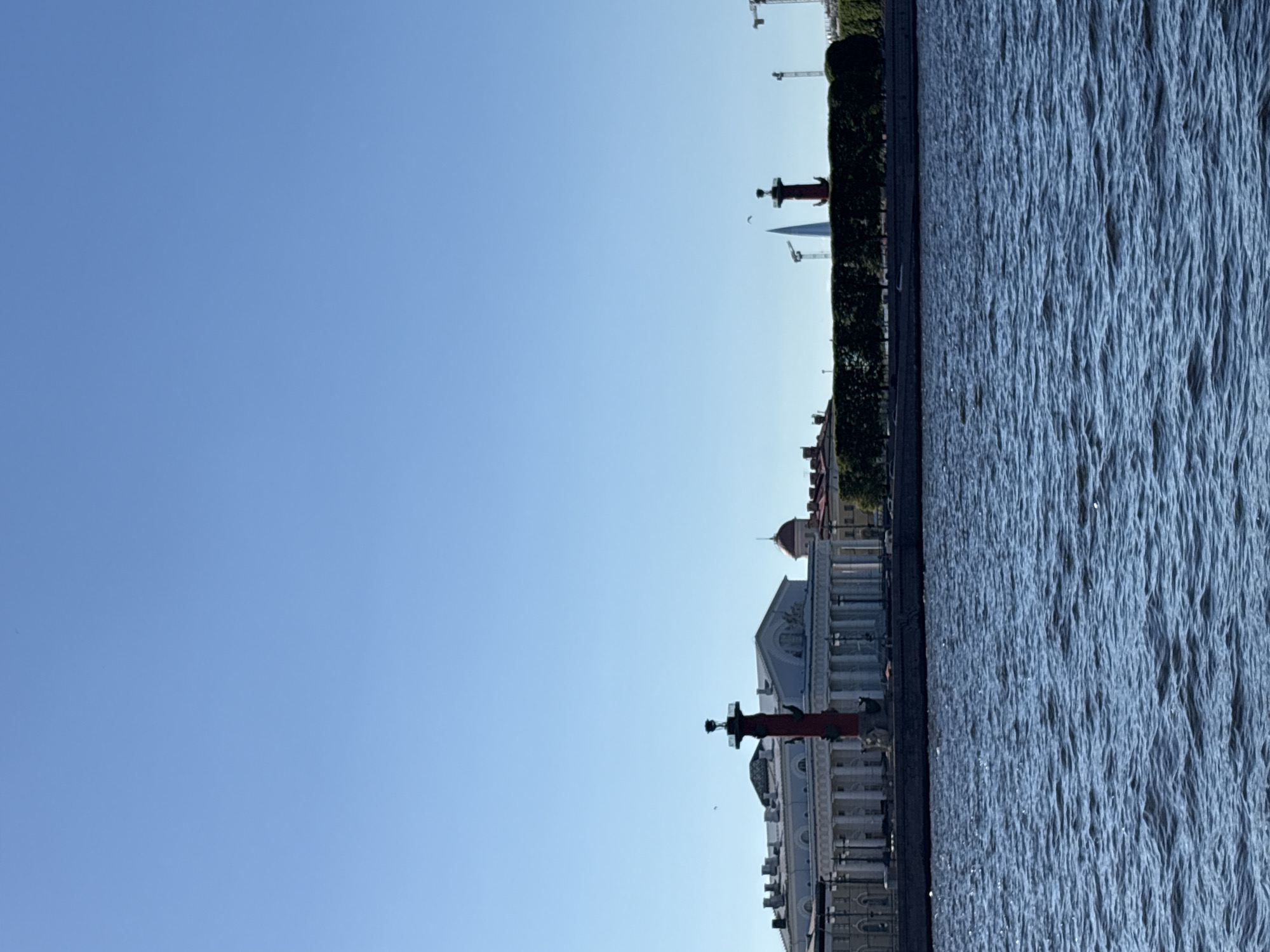 The image depicts a panoramic view across the Neva River towards the Spit of Vasilyevsky Island in Saint Petersburg, Russia, under a clear, bright blue sky. The bottom third of the frame is dominated by the dark blue, rippled surface of the river, indicating moving water.
On the far bank, a dark stone embankment separates the water from a row of dense, manicured green trees or hedges that run horizontally across the midground. Behind these trees, the cityscape unfolds.
Prominently featured are two red Rostral Columns, characteristic landmarks of the Spit of Vasilyevsky Island. The left column is situated somewhat to the left of the image's vertical center. Behind it, a grand, classical-style building with numerous white columns and a light-colored roof is visible, identified as the Old Saint Petersburg Stock Exchange (Bourse). Further in the background, a reddish dome structure and other urban buildings are discernible.
The second Rostral Column is positioned to the right of the image's vertical center. Further to the right and in the background, the distinctive, tapering spire of the Lakhta Center skyscraper is clearly visible, along with several tall construction cranes scattered across the skyline.
The sky, occupying the upper two-thirds of the image, is uniformly clear and light blue, devoid of clouds. No discernible people or specific activities are visible in the scene. The overall lighting suggests bright daylight conditions.