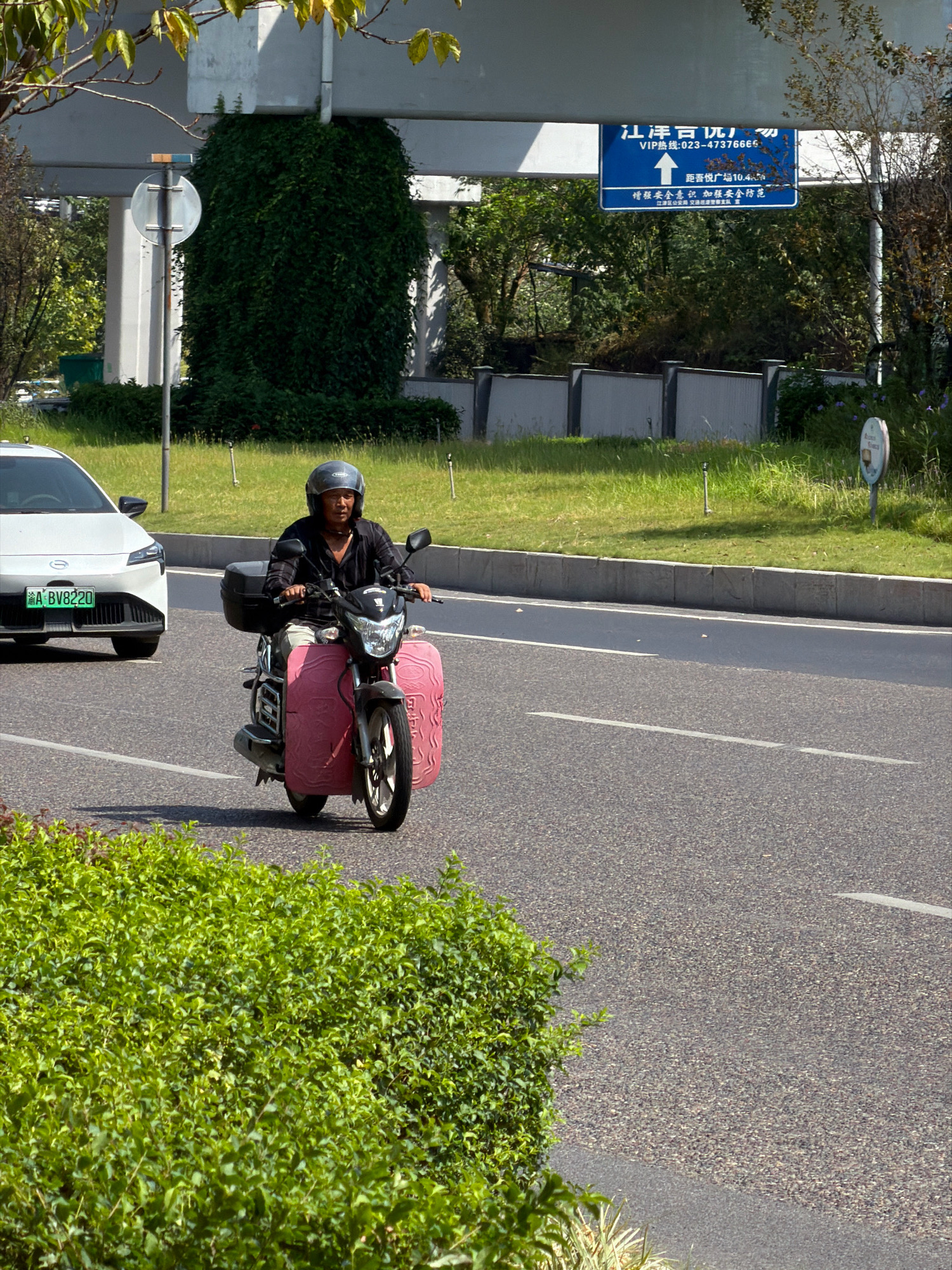 A person wearing a helmet and a dark shirt rides a motorcycle with pink saddlebags down a paved road. To the left of the motorcycle, a white car is visible, and to the right, a grassy area with some bushes and a signpost. Overhead, a blue directional sign with Chinese characters is mounted on a pole, indicating "Jiangjin City" and traffic information. The environment appears to be an urban or suburban setting in Jiangjin, China, under bright daylight.