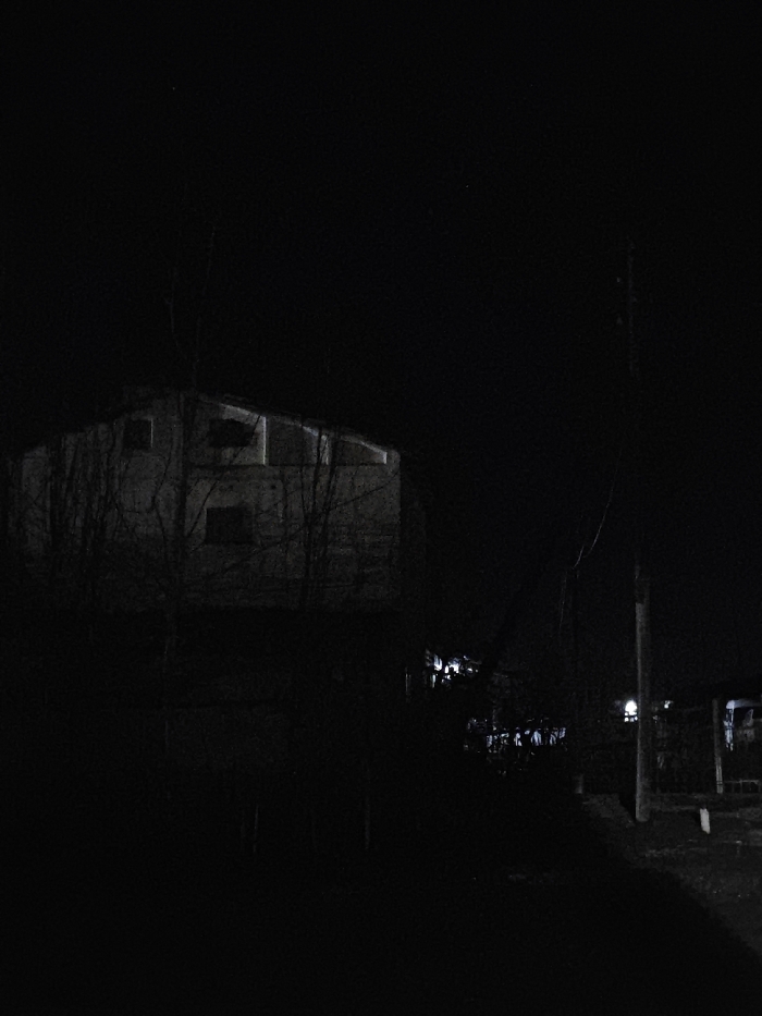 The image captures a nighttime scene in Abdukarim, Uzbekistan. A two-story, light-colored building with a sloped roof and multiple dark window openings occupies the left side, partially shrouded by bare tree branches. No internal illumination is evident from the building. On the right, a vertical utility pole supports electrical wires. Distant artificial lights, displaying blue and yellow hues, are visible further right, suggesting other structures or streetlights. The ground surface is dark and indistinct. The sky is uniformly dark. No individuals, actions, or interactions are depicted.