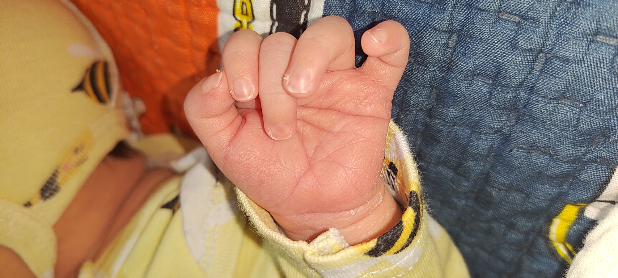 A close-up, eye-level shot shows a newborn baby's left hand resting on a textured blue surface, likely a blanket. The hand is pink, with visible creases and small fingernails. The baby is wearing a yellow garment with black and yellow striped cuffs and a bee pattern. The background is out of focus, showing hints of orange fabric and the yellow garment. There is no discernible urban or environmental context to place this image within Khujand, Tajikistan.