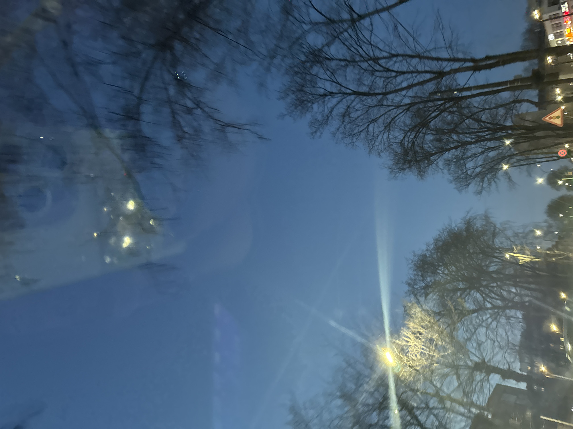 The image shows a view looking up through a window or windshield, with trees framing a dark blue sky. The lower left quadrant of the image is obscured by a possible reflection or distortion on the glass. The trees appear bare, suggesting a winter or late autumn season. On the upper right, there are buildings and streetlights, indicating an urban area. A traffic sign is visible. The overall scene has a twilight or nighttime atmosphere. I am unable to confirm the exact location of this image to Chaikovsky, Russia with the data provided.