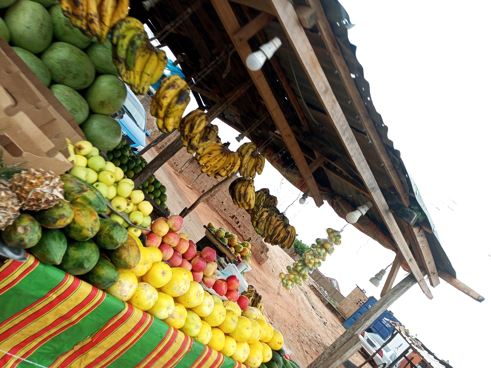 This is a photograph taken at an outdoor market stall in the city of Gombe, Nigeria. The stall is covered by a corrugated metal roof supported by wooden beams, and features an array of fresh produce. Hanging bunches of bananas are a prominent feature, some appearing ripe and yellow, others with darker spots. Below the bananas, a variety of fruits are displayed. In the foreground, a colorful striped cloth, predominantly green with red and yellow stripes, serves as a backdrop for a large pile of yellow, round fruits, likely melons or papayas. To the left and behind this, are green, round fruits, possibly avocados or small gourds, and lighter green, oval fruits. Further back and to the right, piles of red apples and smaller yellow fruits, likely lemons or small apples, are visible. Several strings of small, pale green, clustered fruits, possibly grapes or small gourds, hang from the stall's structure. In the background, a blue shipping container and a white vehicle are partially visible, suggesting the market is situated in an urban or semi-urban area. The ground appears to be sandy, and the overall lighting suggests it is daytime. The image is angled, giving a dynamic perspective of the market stall.